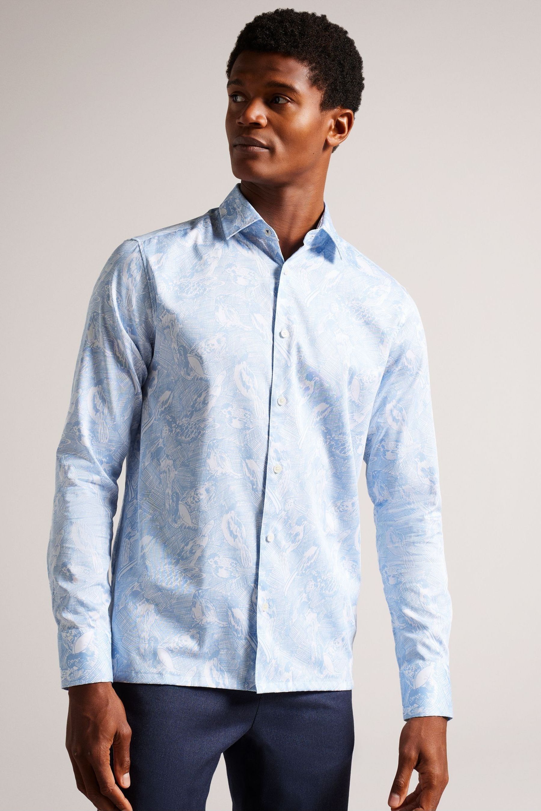 Buy Ted Baker Mullen Blue Long Sleeve Hand Drawn Bird Print Shirt from Next Luxembourg