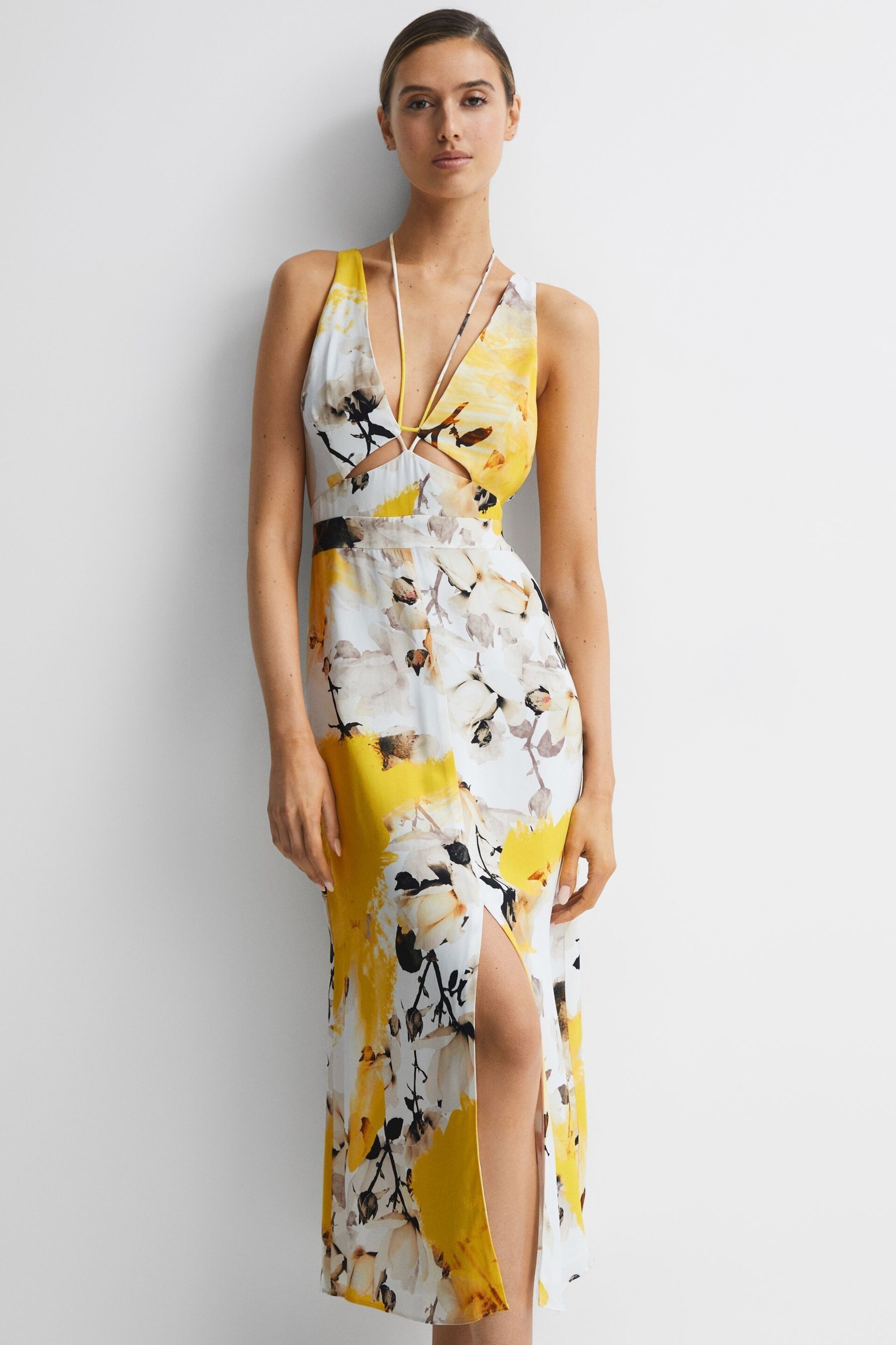 Reiss Yellow Kasia Fitted Floral Print Midi Dress - Image 1 of 6