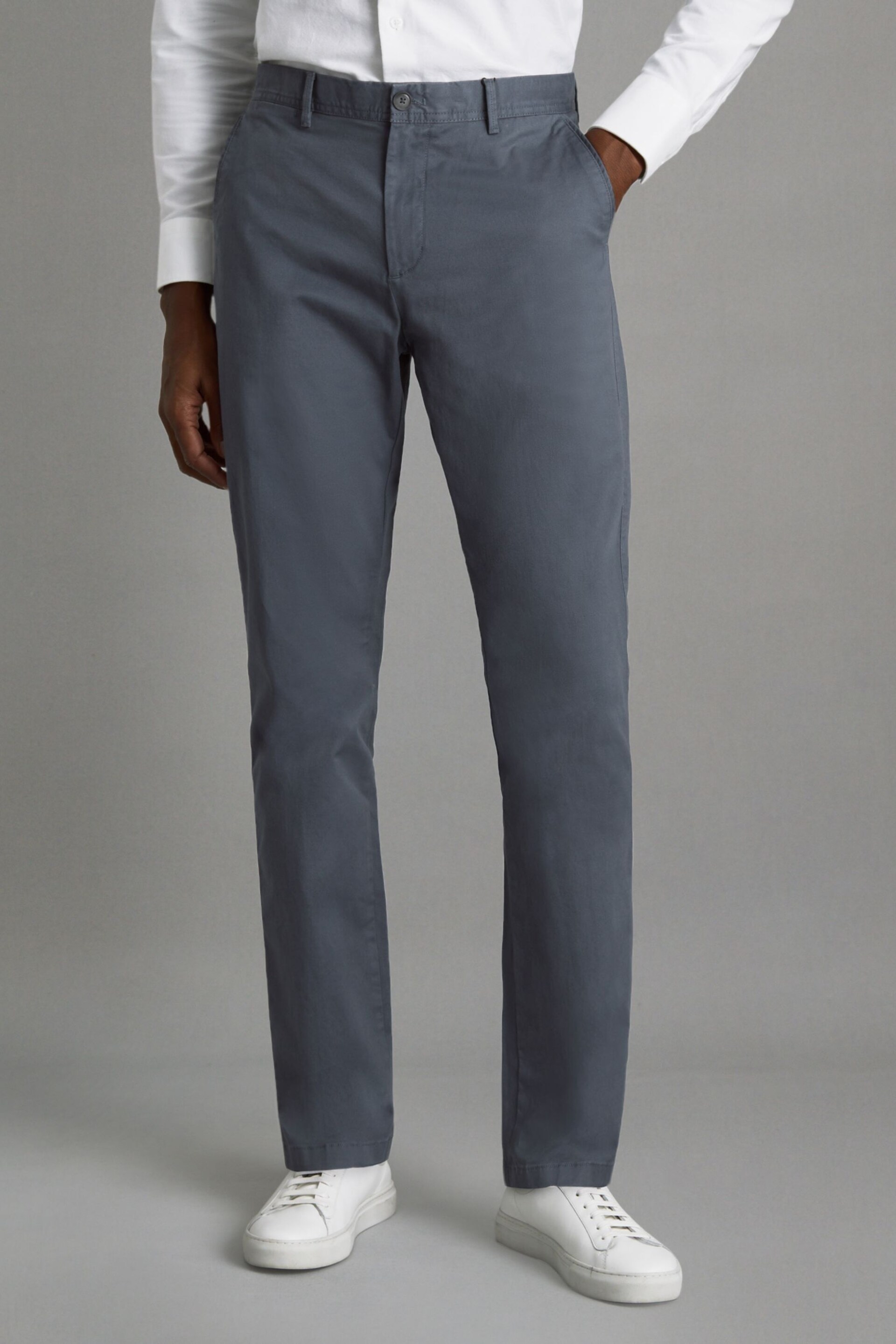 Reiss Airforce Blue Pitch Slim Fit Washed Cotton Blend Chinos - Image 1 of 6