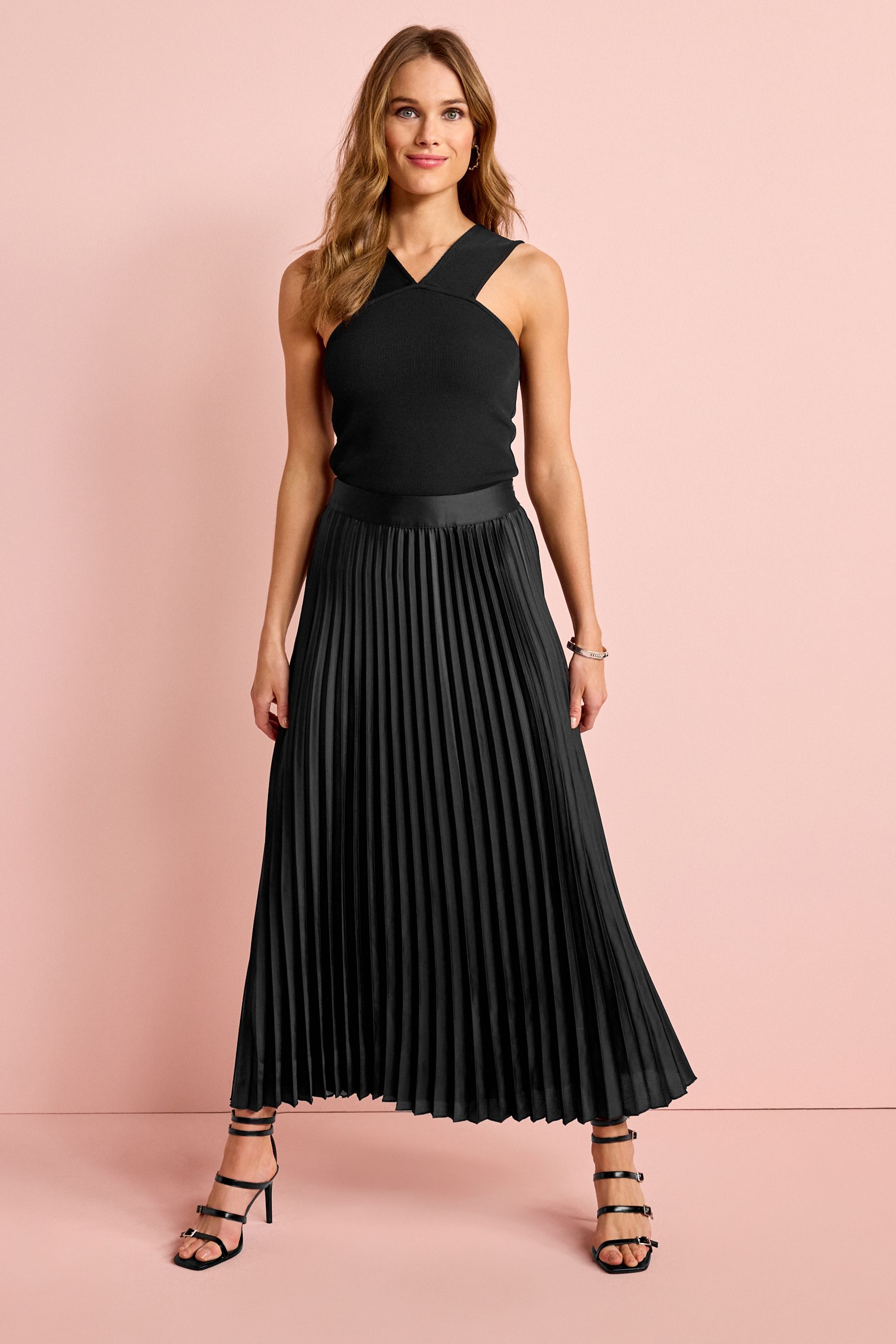 Buy Black Satin Pleated Midi Skirt from Next Luxembourg