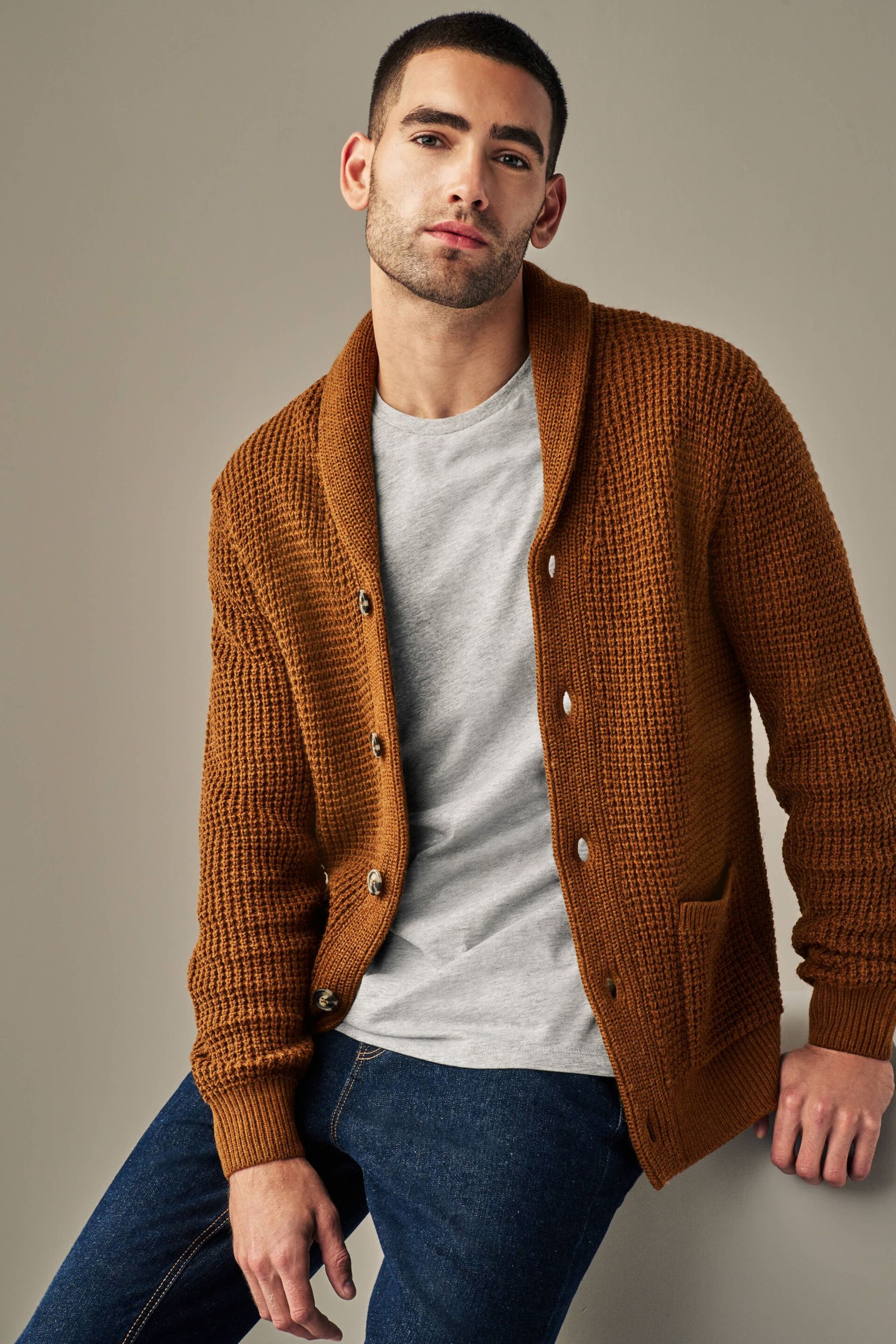 Tan Brown Regular Shawl Waffle Texture Knit Cardigan - Image 3 of 5