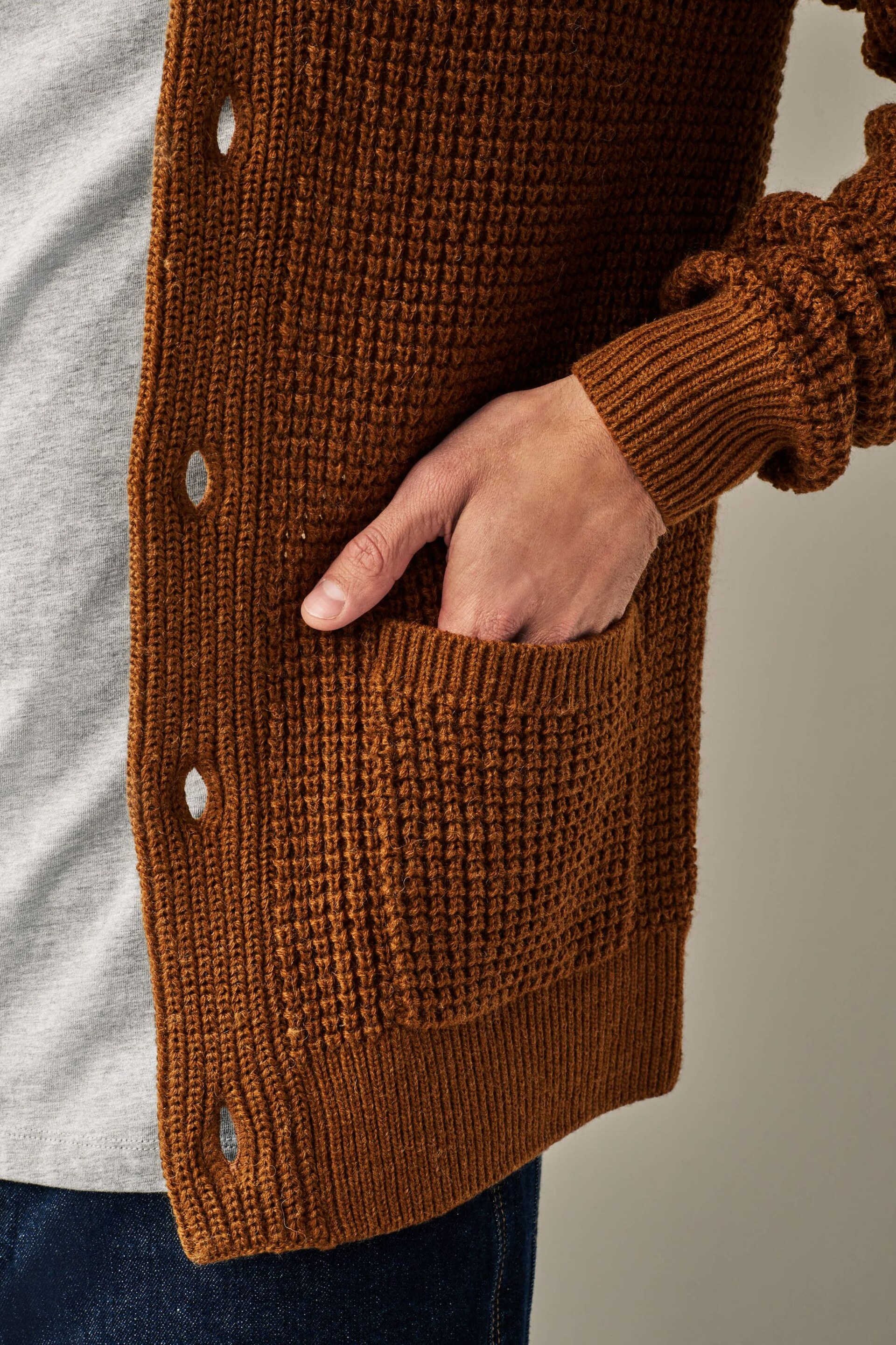 Tan Brown Regular Shawl Waffle Texture Knit Cardigan - Image 5 of 5