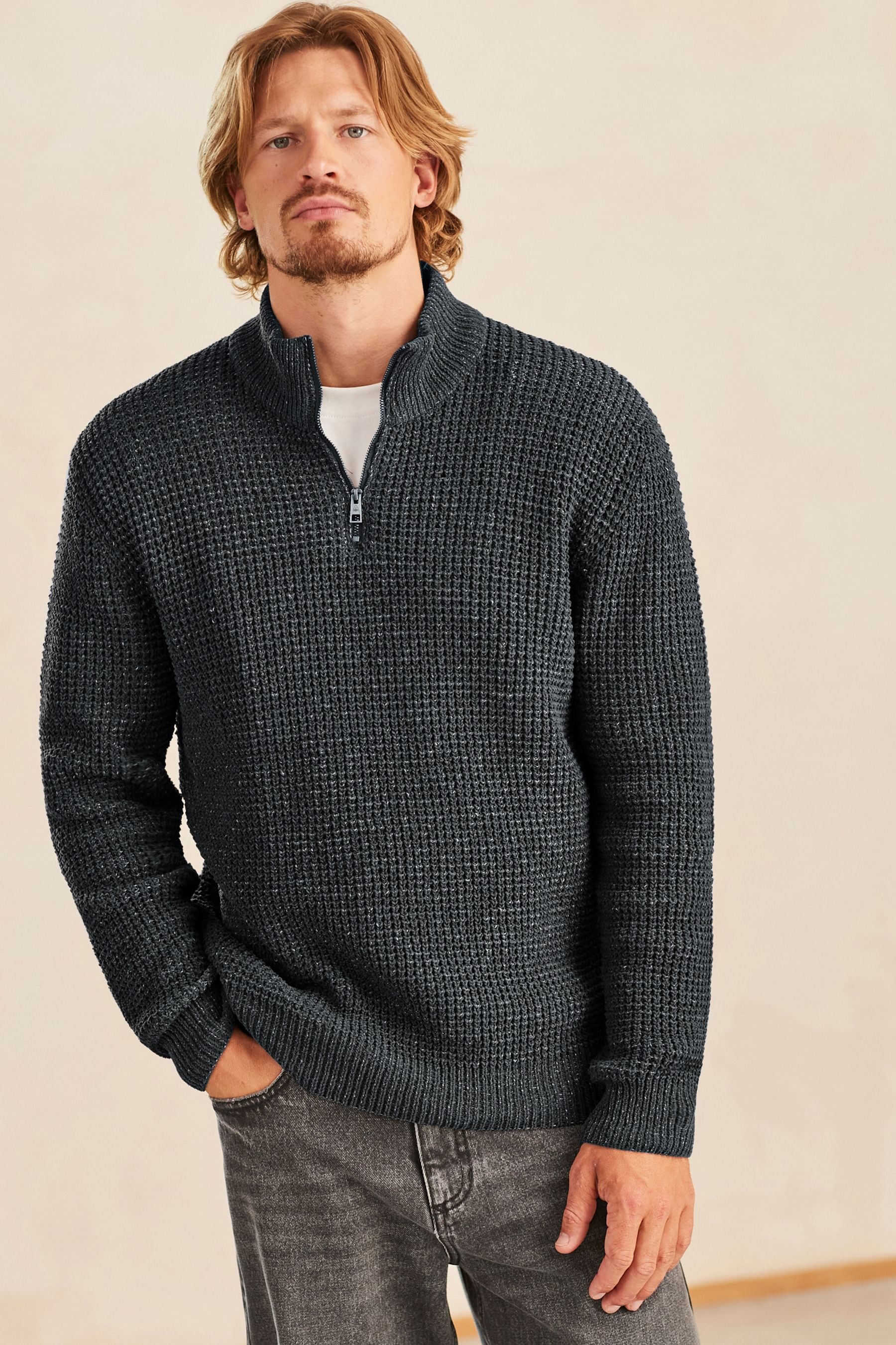 Buy Charcoal Grey Quarter Zip Regular Fit Chenille Texture Jumper from the Next UK online shop