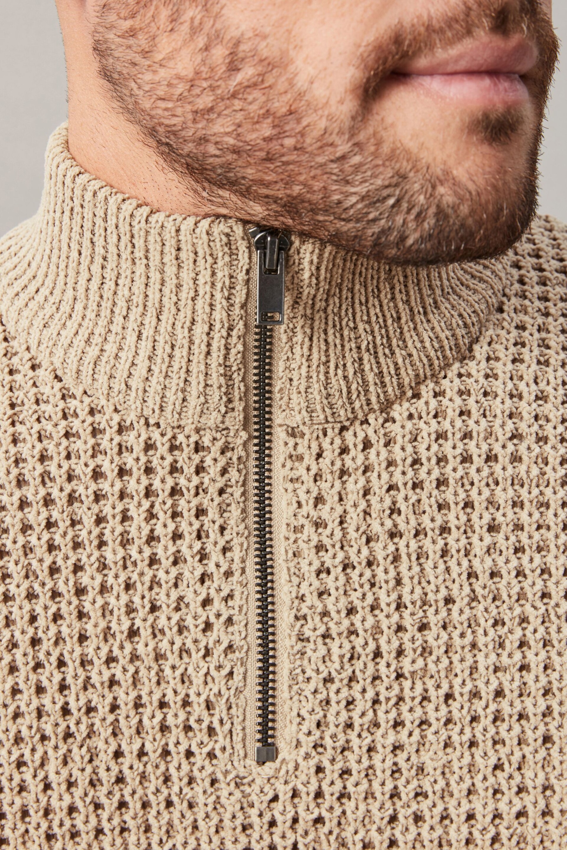 Neutral Zip Neck Regular Chenille Knitted Jumper - Image 5 of 9