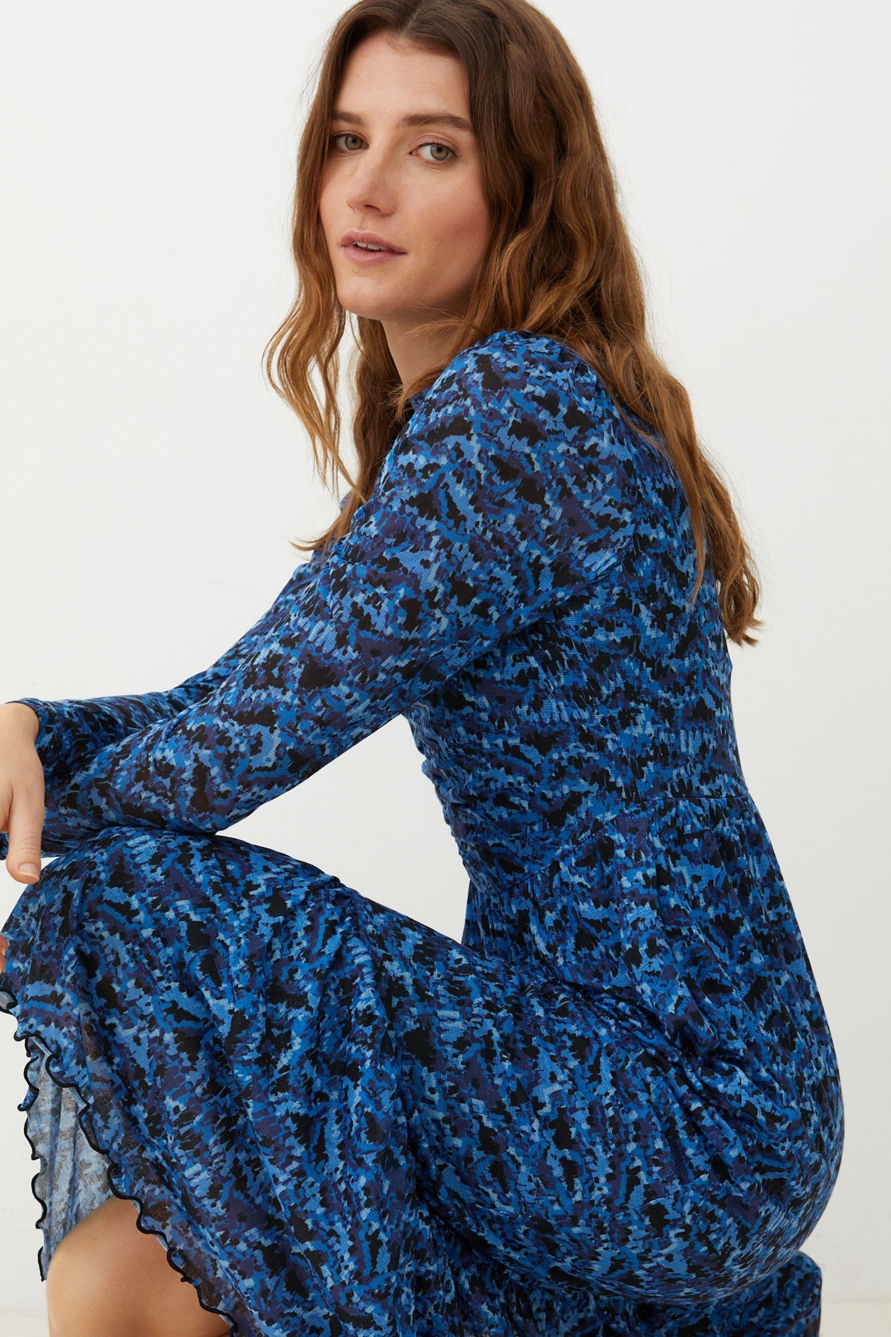 Buy Oliver Bonas Blue Brush Mark Print Mesh Midi Dress from Next Luxembourg