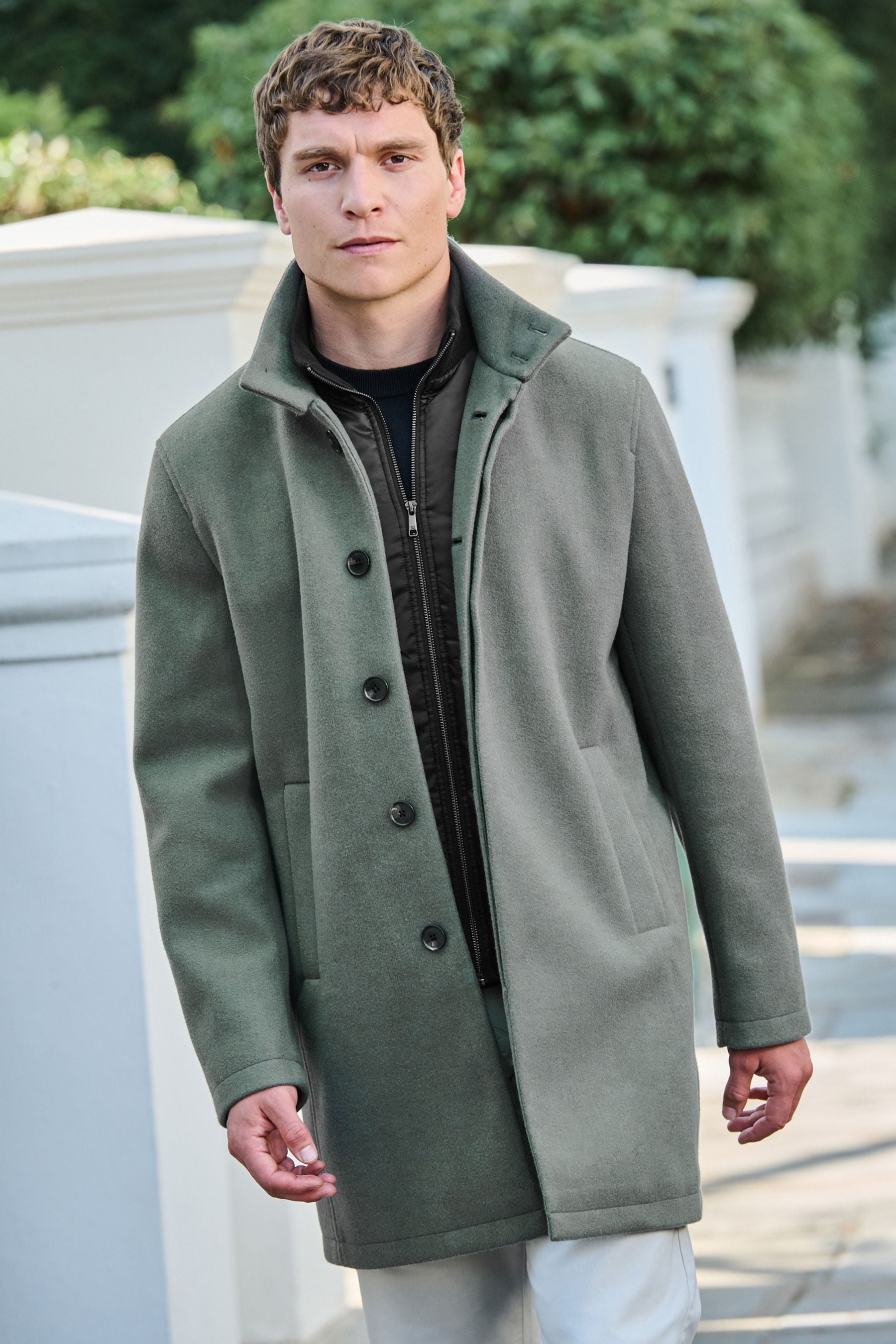 Buy Sage Green Funnel Neck Coat With Built In Gilet from Next Luxembourg