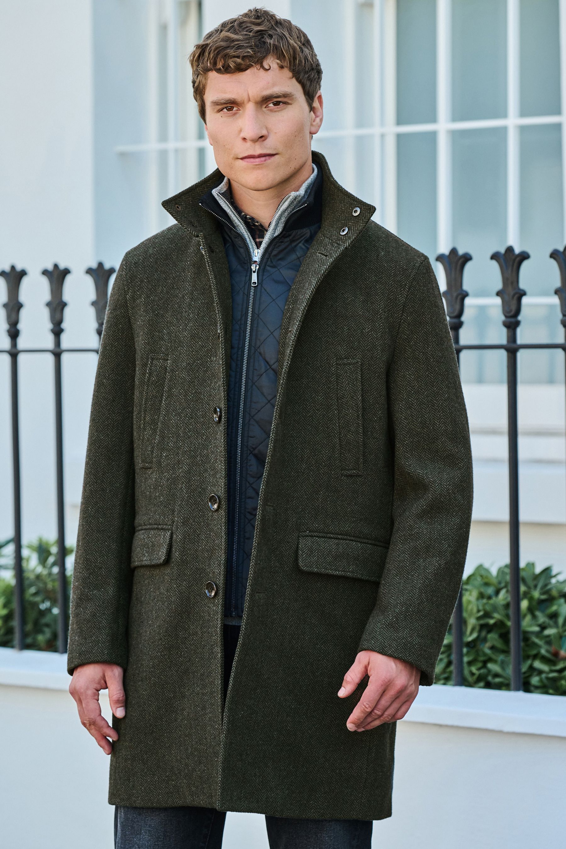 Buy Green Herringbone Funnel Neck Coat With Built In Gilet from Next Ireland