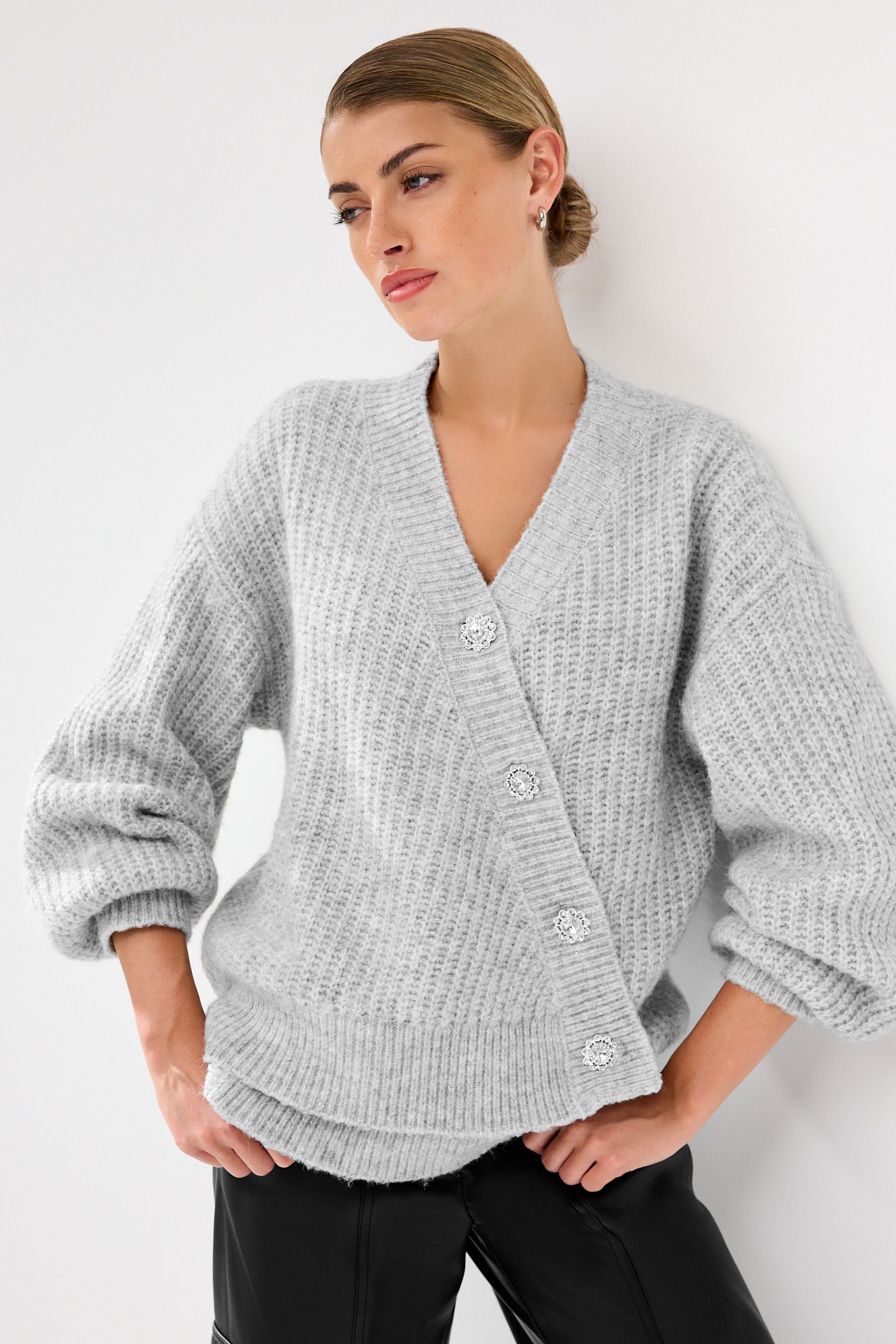 Buy Grey Gem Button Asymmetric Cardigan from Next Luxembourg