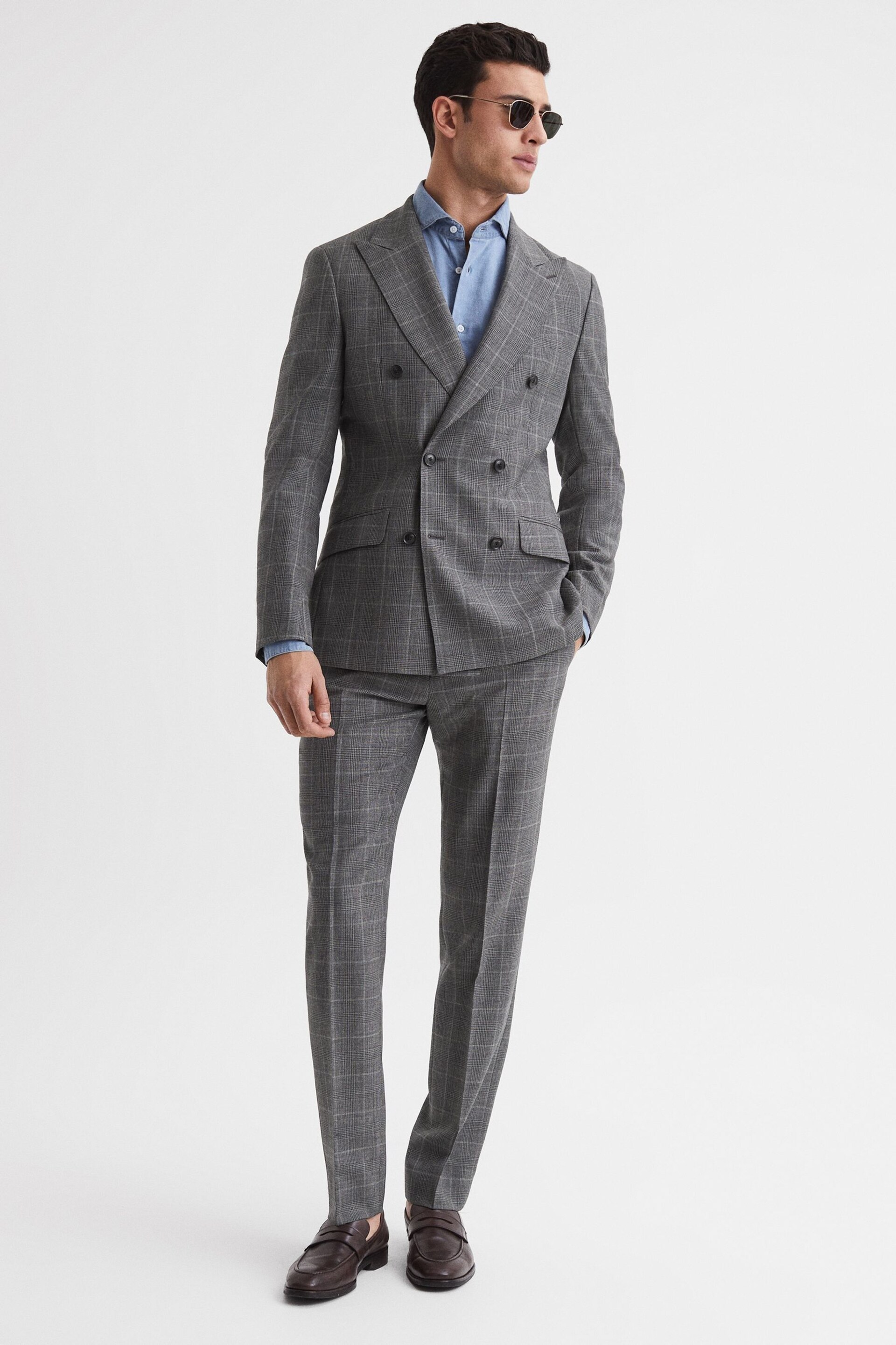 Reiss Grey Newbury Slim Fit Checked Trousers - Image 6 of 7