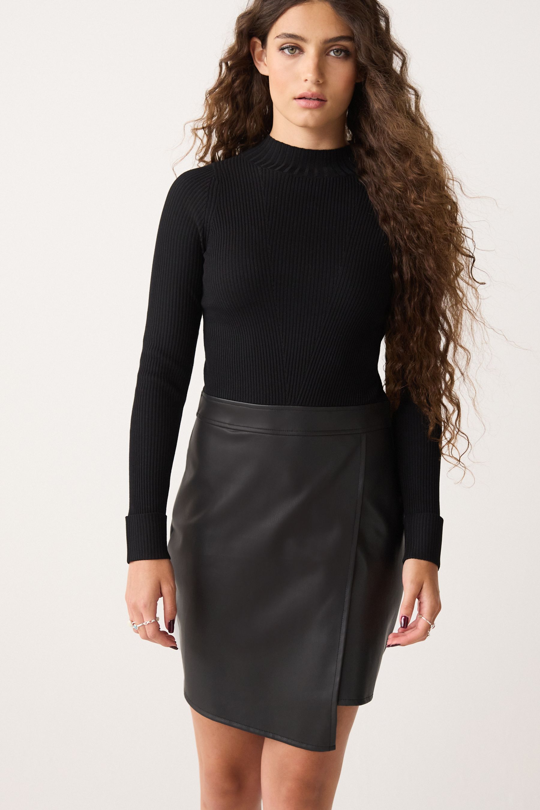 Buy Black 2 in 1 Faux Leather PU Mix Mini Jumper Dress from Next Luxembourg