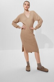 Camel Brown Ribbed V-Neck Knit Jumper Dress - Image 2 of 6