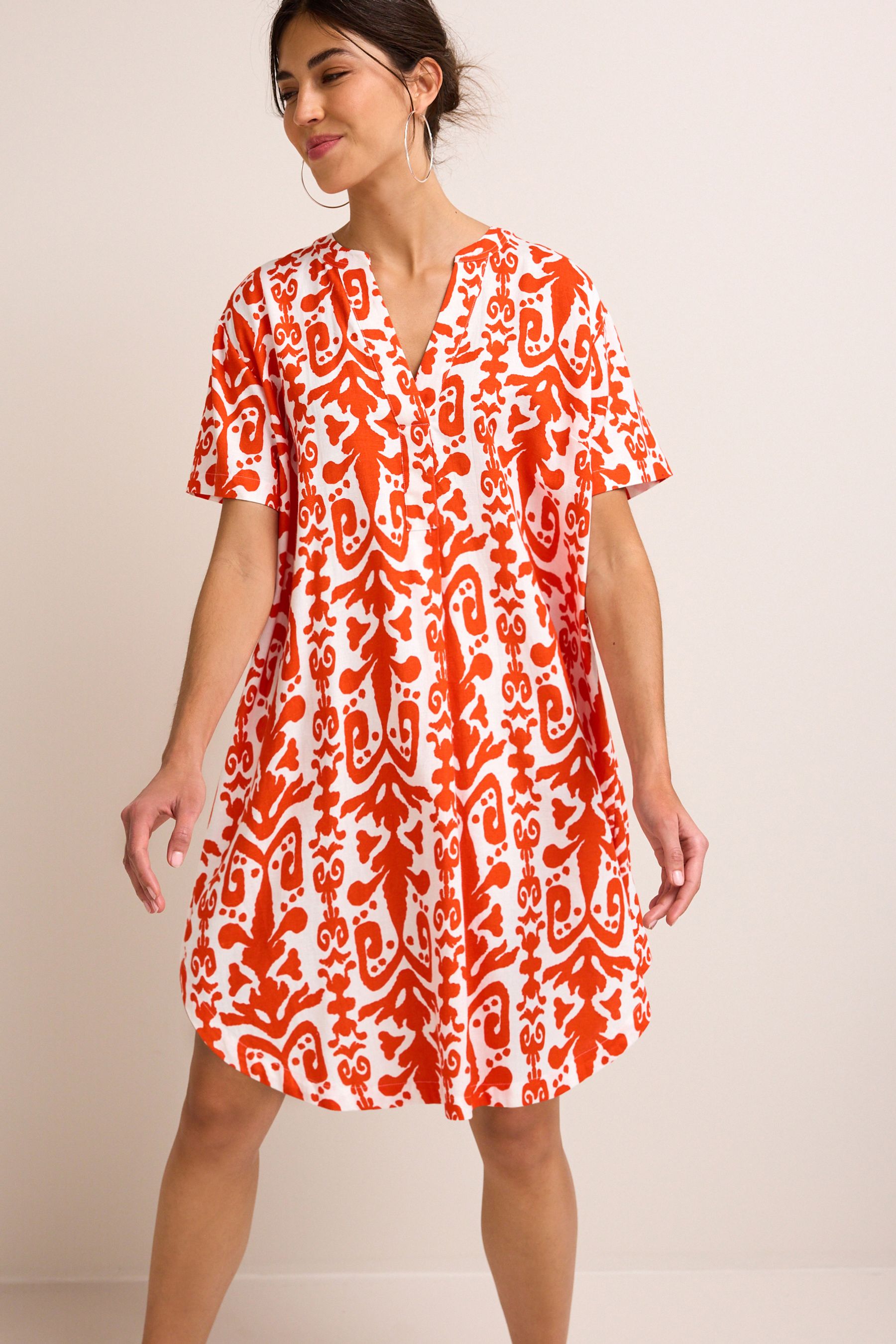 Buy Red White Print Linen Mix Kaftan Mini Dress from Next Luxembourg