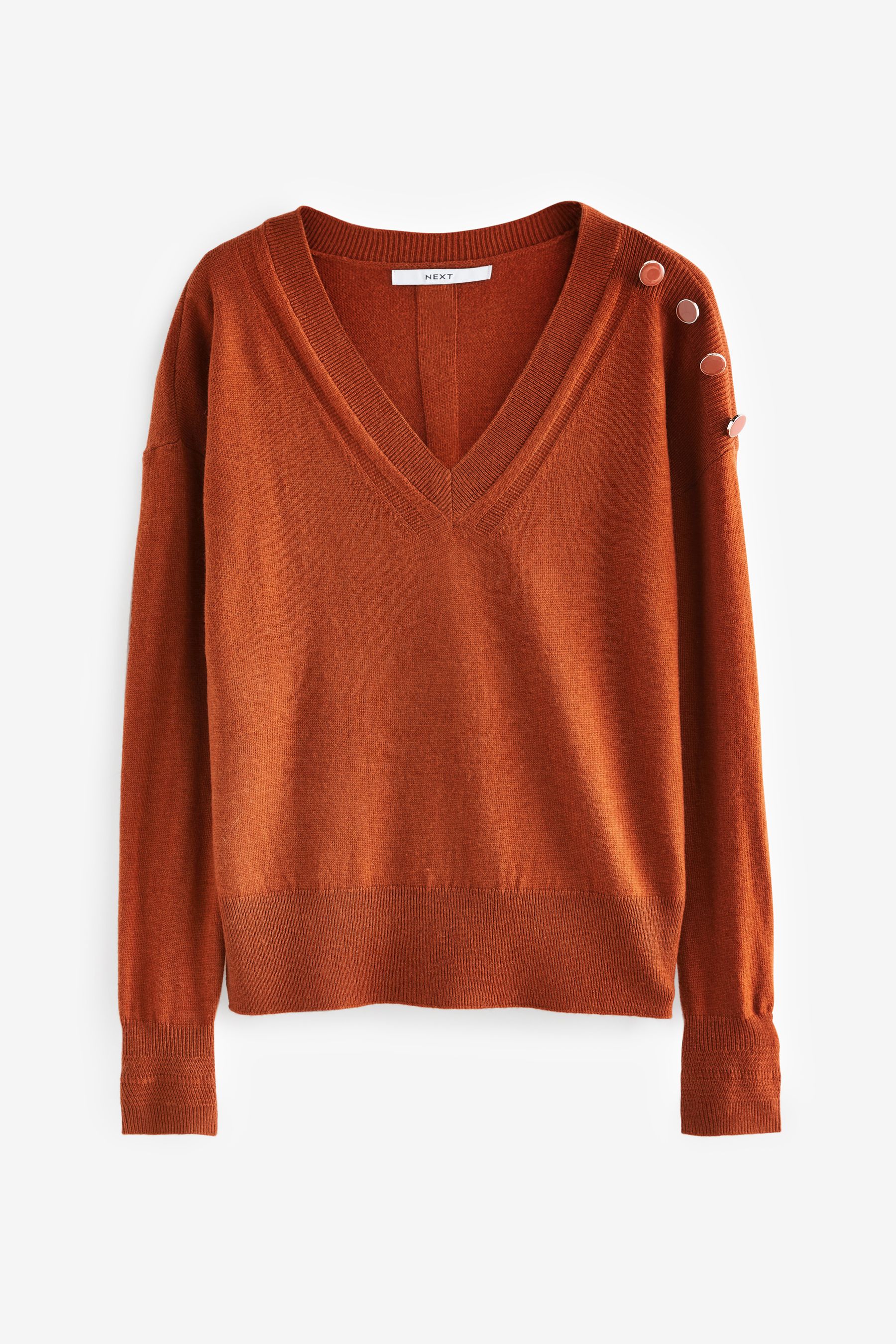 Buy Rust Brown Button Shoulder V Neck Jumper from Next Ireland