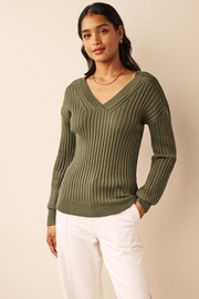 Khaki Green Ribbed V-Neck Jumper - Image 1 of 6