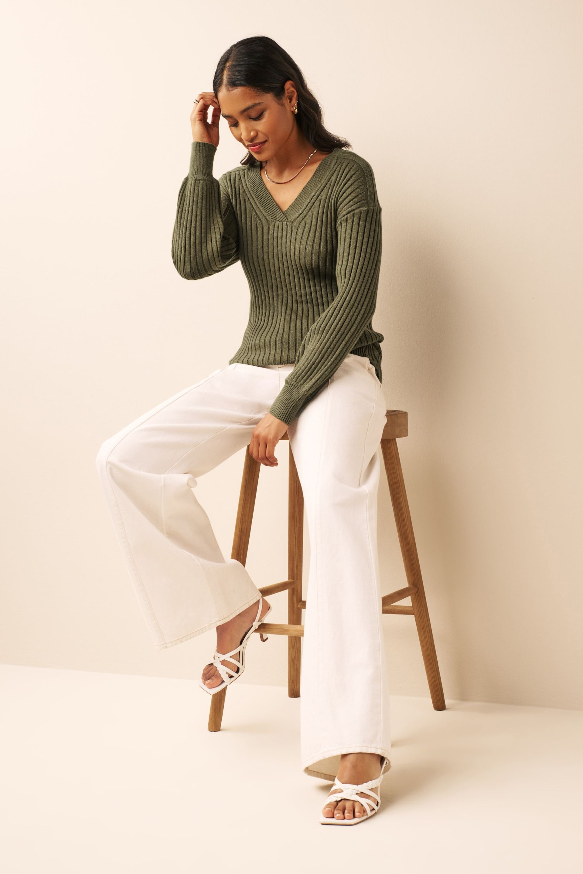 Khaki Green Ribbed V-Neck Jumper - Image 2 of 6