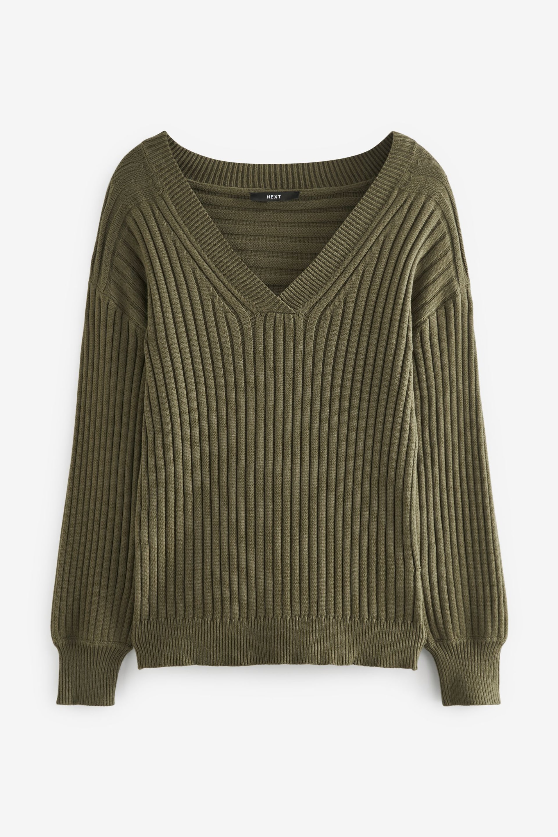 Khaki Green Ribbed V-Neck Jumper - Image 5 of 6