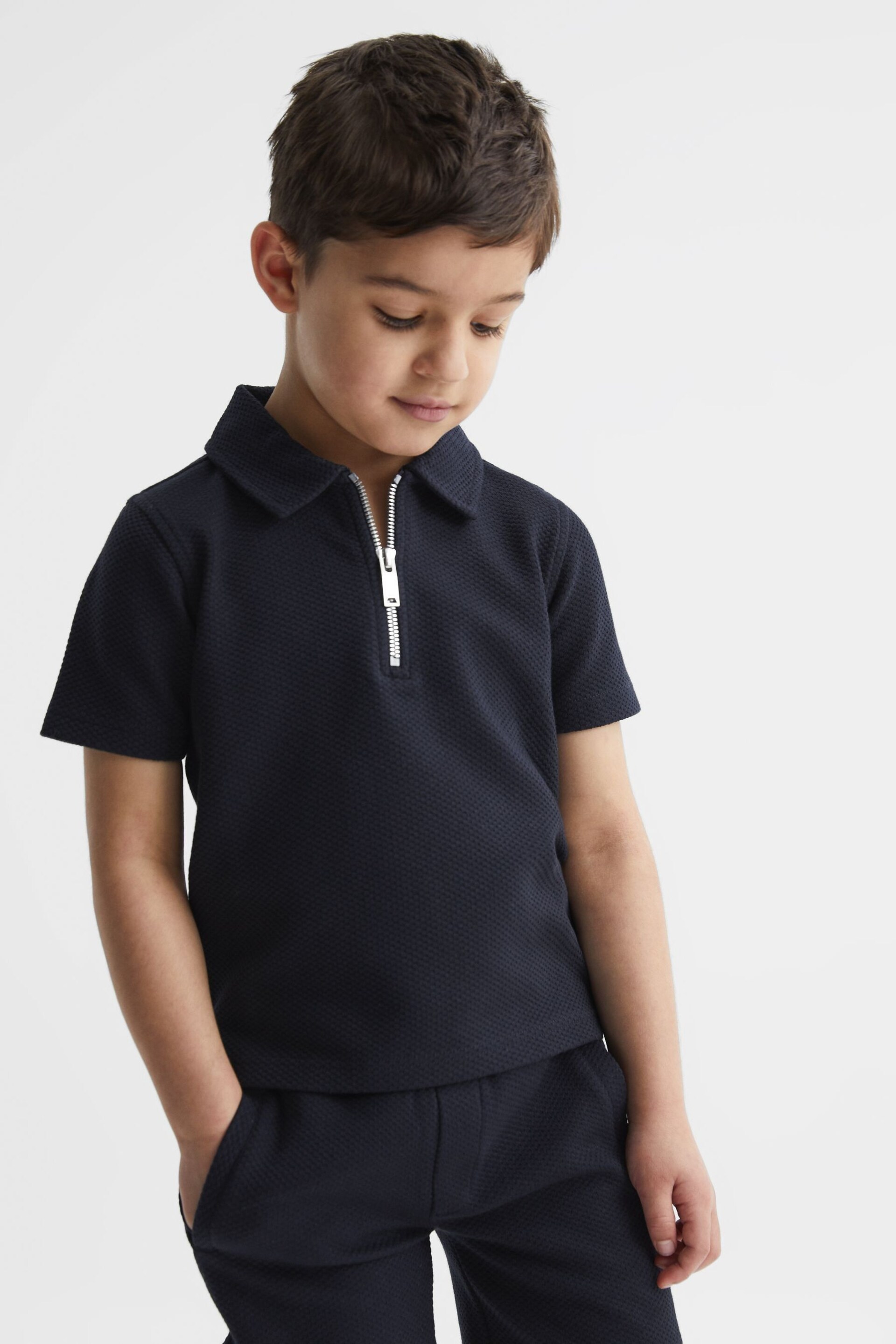 Reiss Navy Creed Junior Textured Half-Zip Polo Shirt - Image 1 of 6