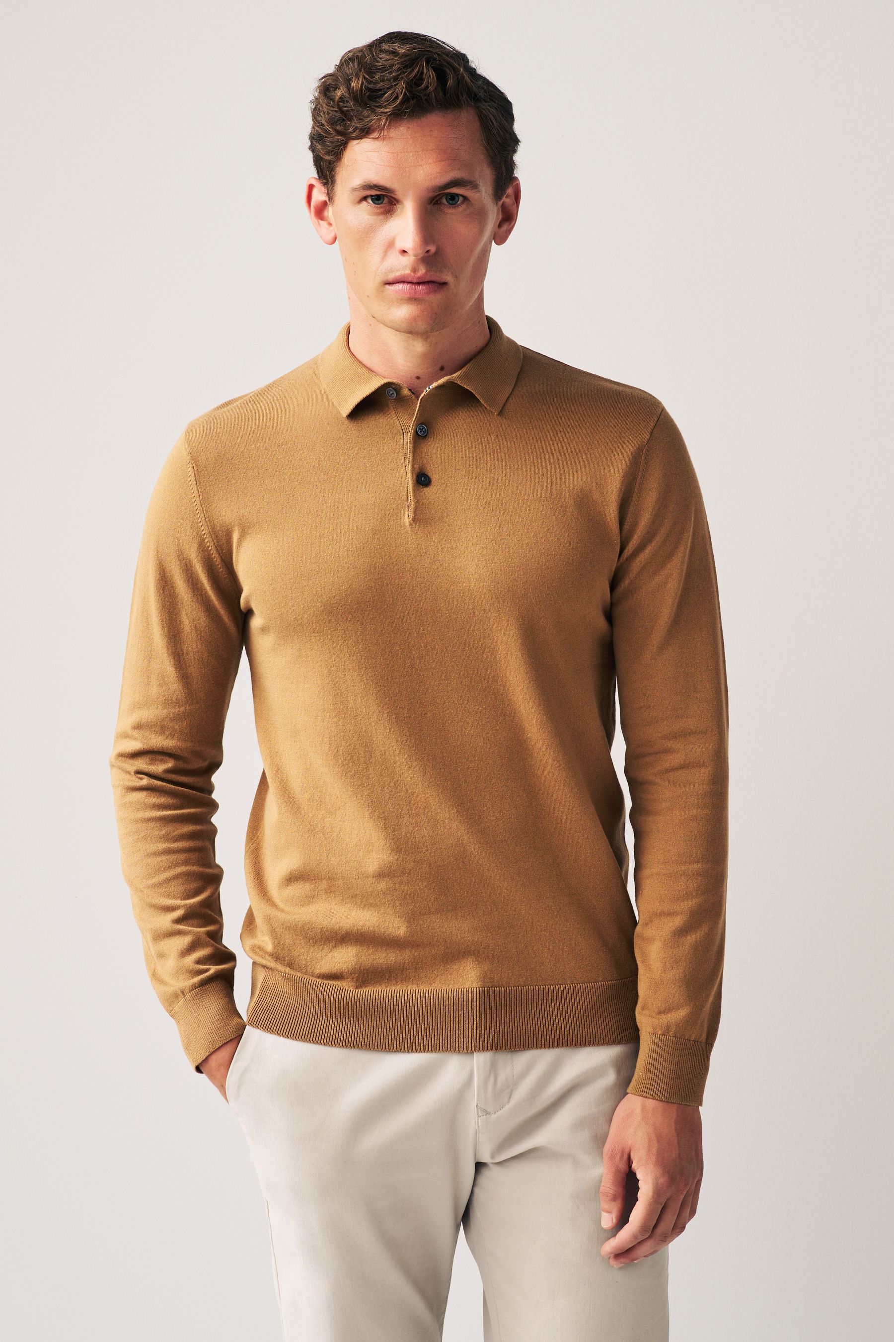 Buy Camel Brown Regular Knitted Long Sleeve Polo Shirt from Next Luxembourg