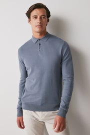 Slate Blue Regular Knitted Long Sleeve Polo Shirt - Image 1 of 5