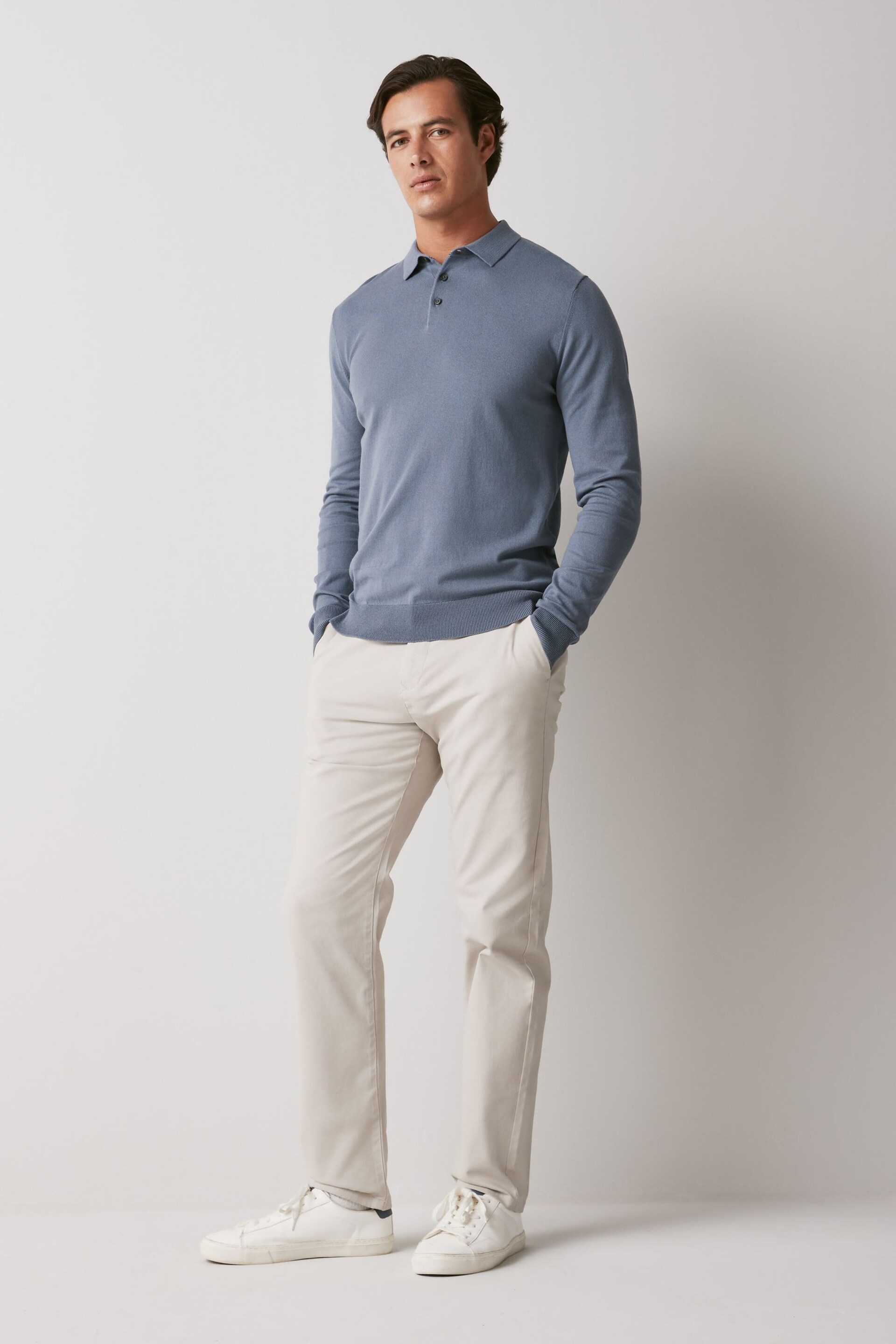 Slate Blue Regular Knitted Long Sleeve Polo Shirt - Image 2 of 5