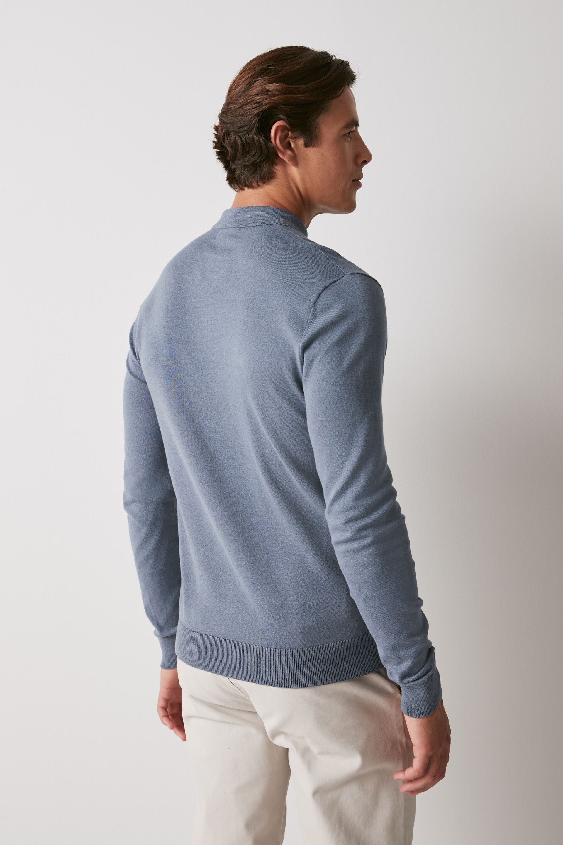 Slate Blue Regular Knitted Long Sleeve Polo Shirt - Image 3 of 5