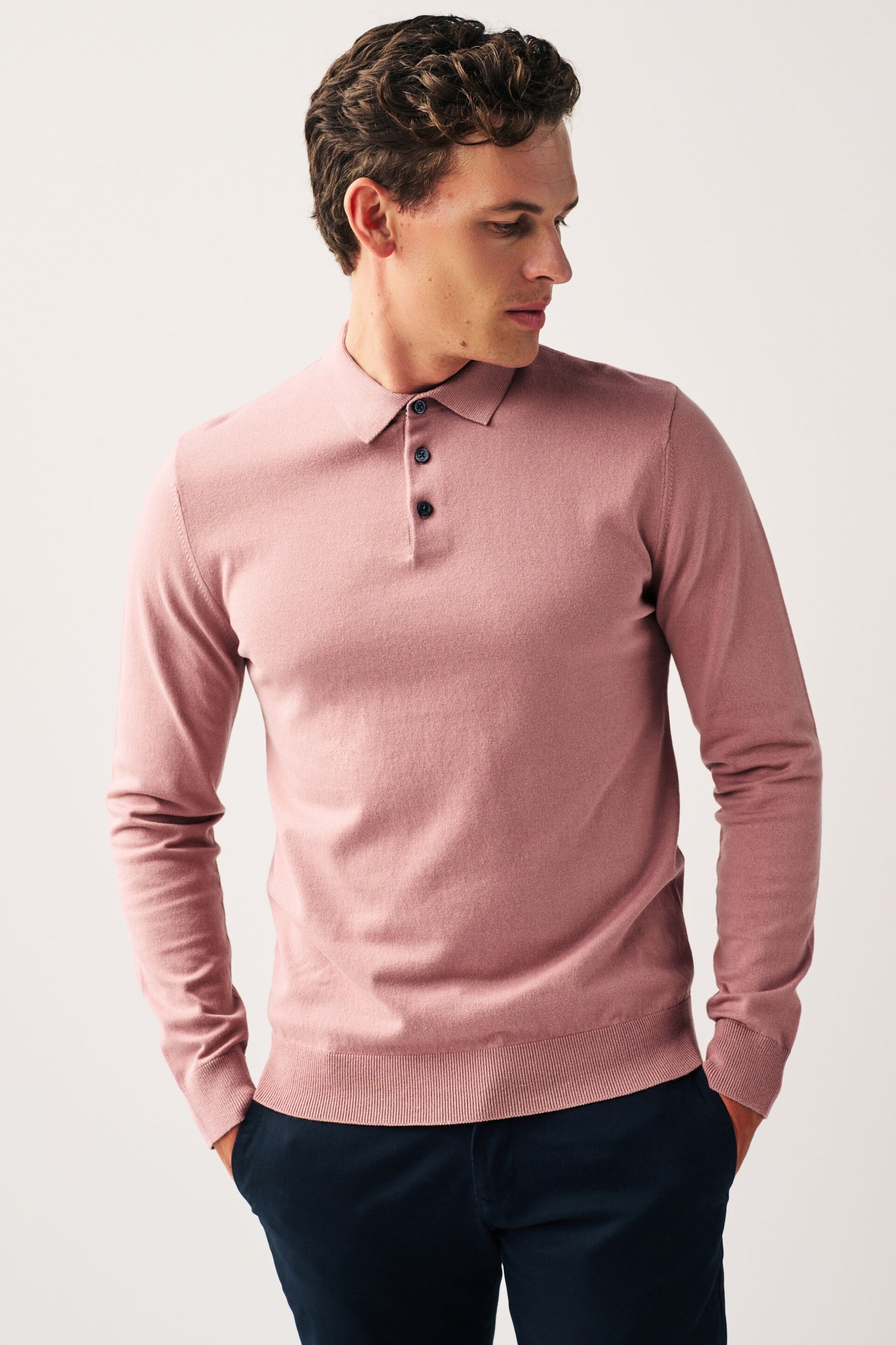 Pink Regular Knitted Long Sleeve Polo Shirt - Image 4 of 6