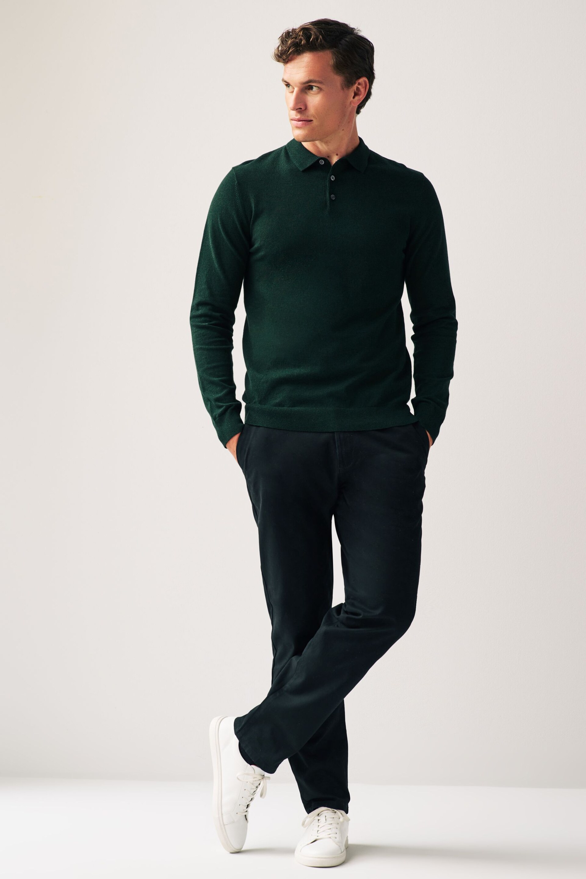 Dark Green Regular Knitted Long Sleeve Polo Shirt - Image 3 of 6