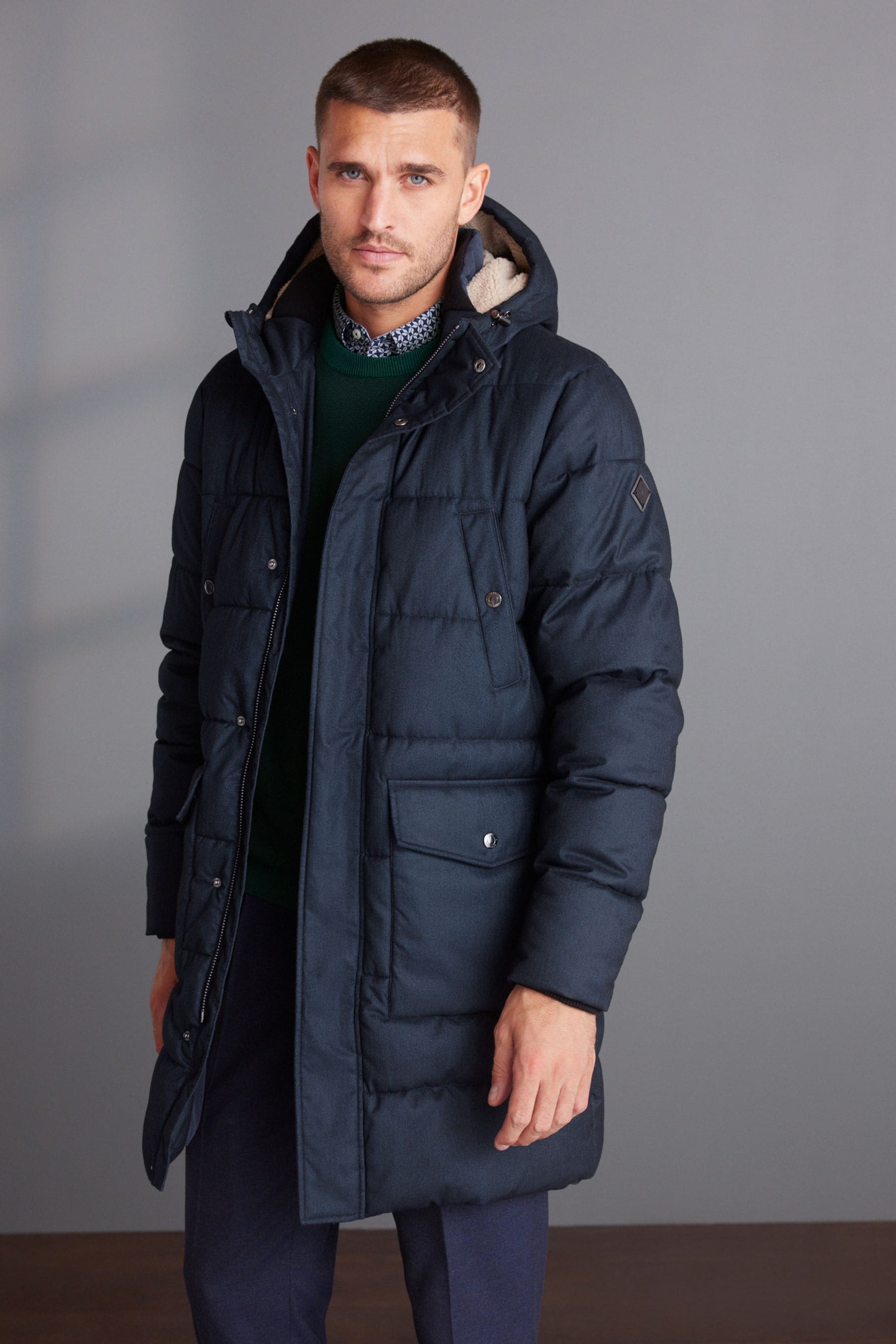 Buy Navy Blue Textured Longline Puffer Coat from Next Luxembourg