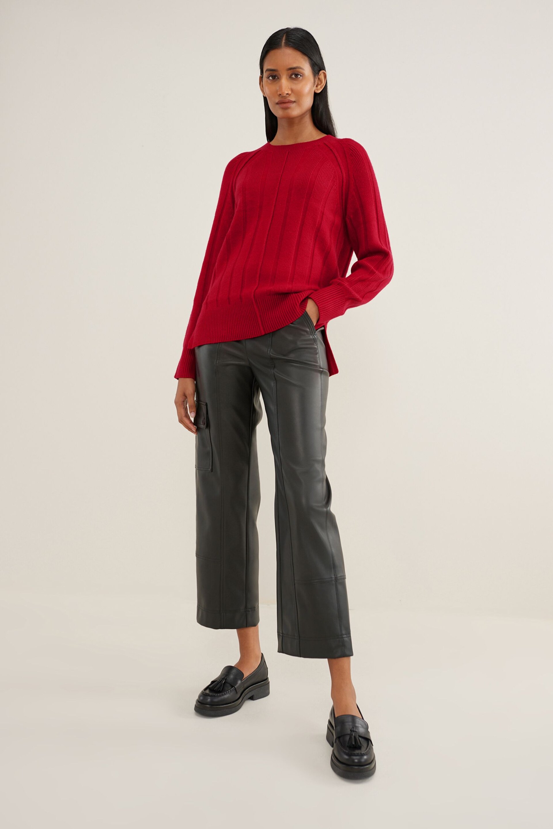 Red Ribbed Crew Neck Jumper - Image 2 of 7