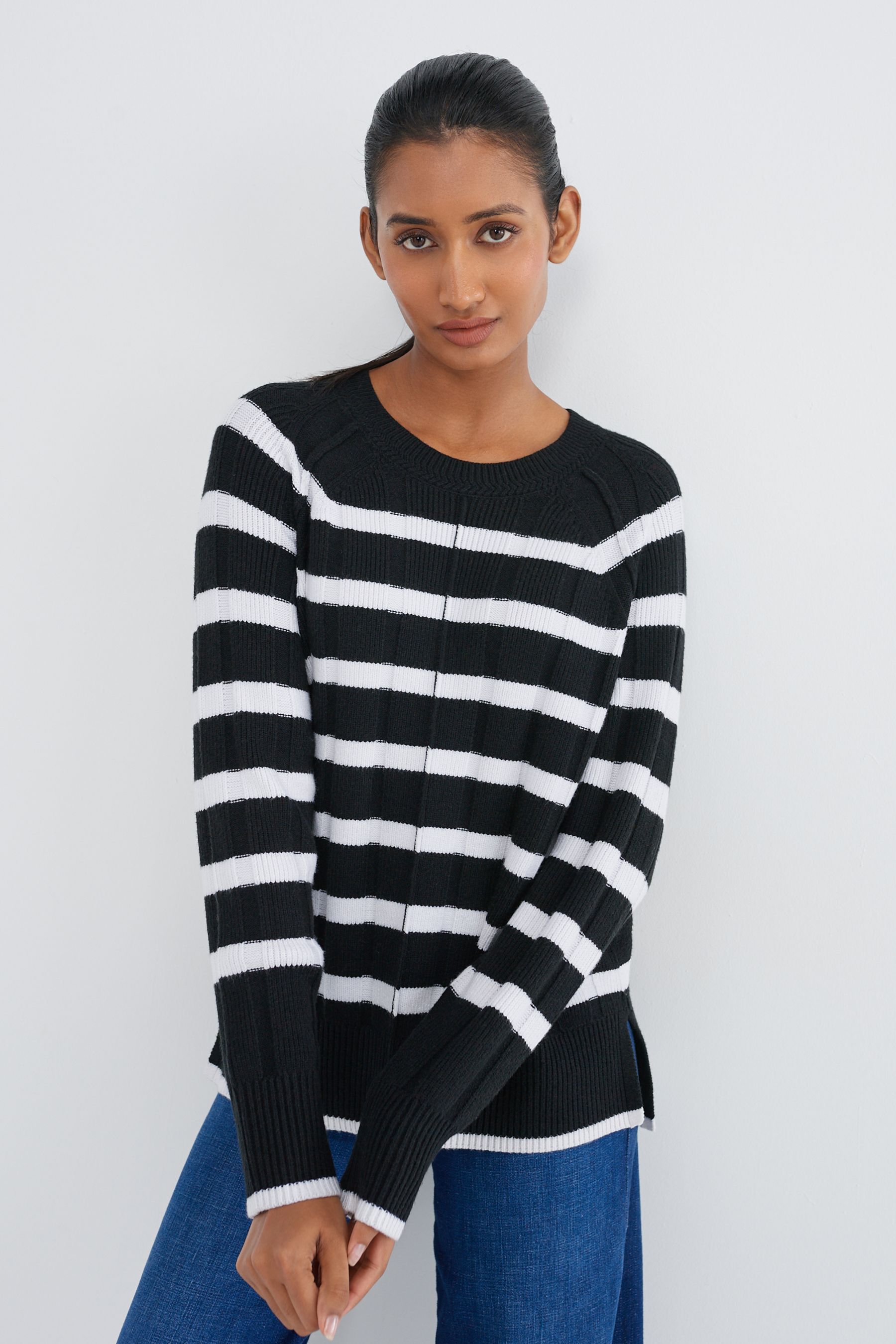 Buy Black and White Stripe Ribbed Crew Neck Jumper from Next Luxembourg
