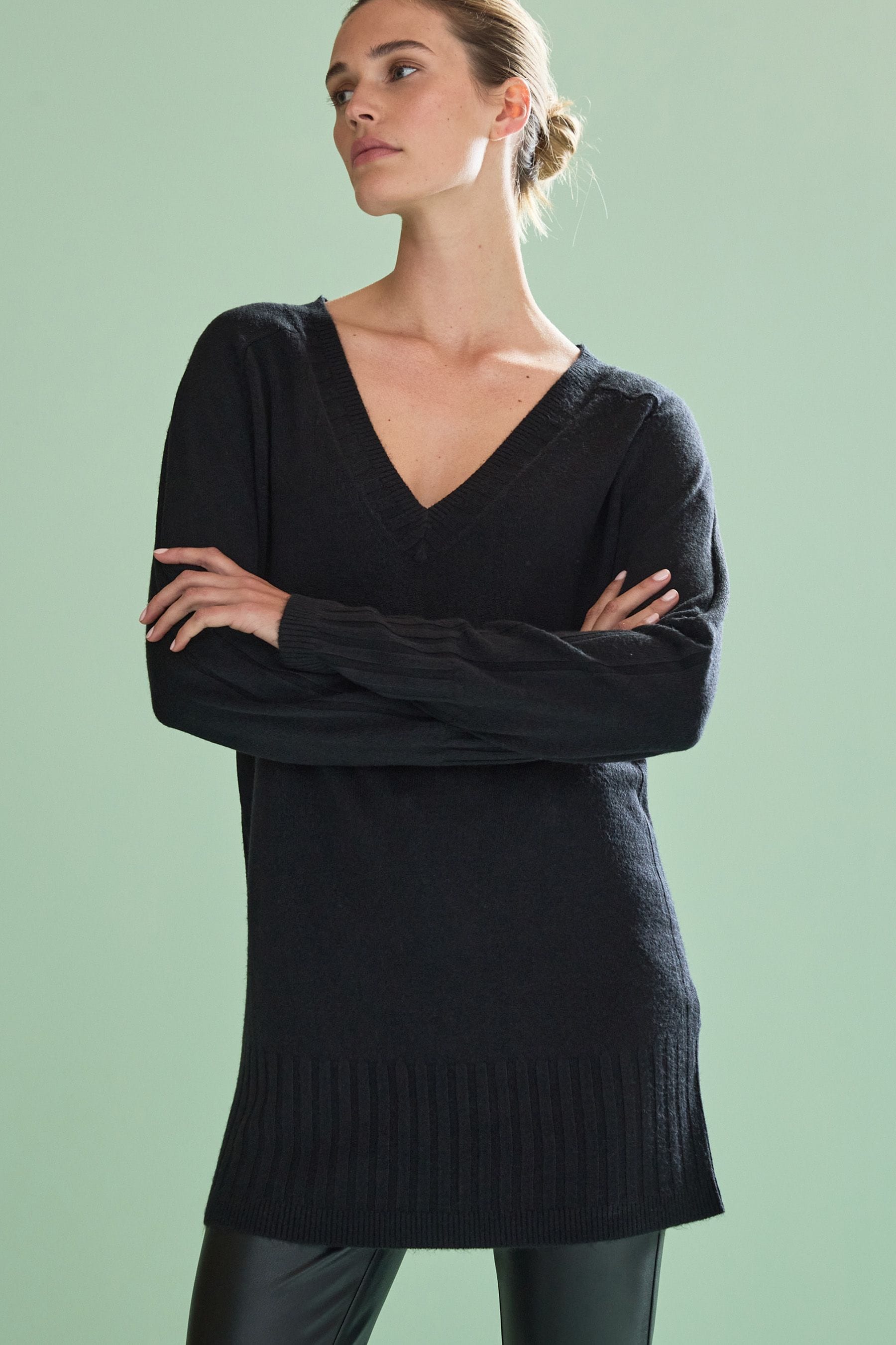 Buy Black Cosy V Neck Long Sleeve Longline Tunic Jumper from Next Luxembourg