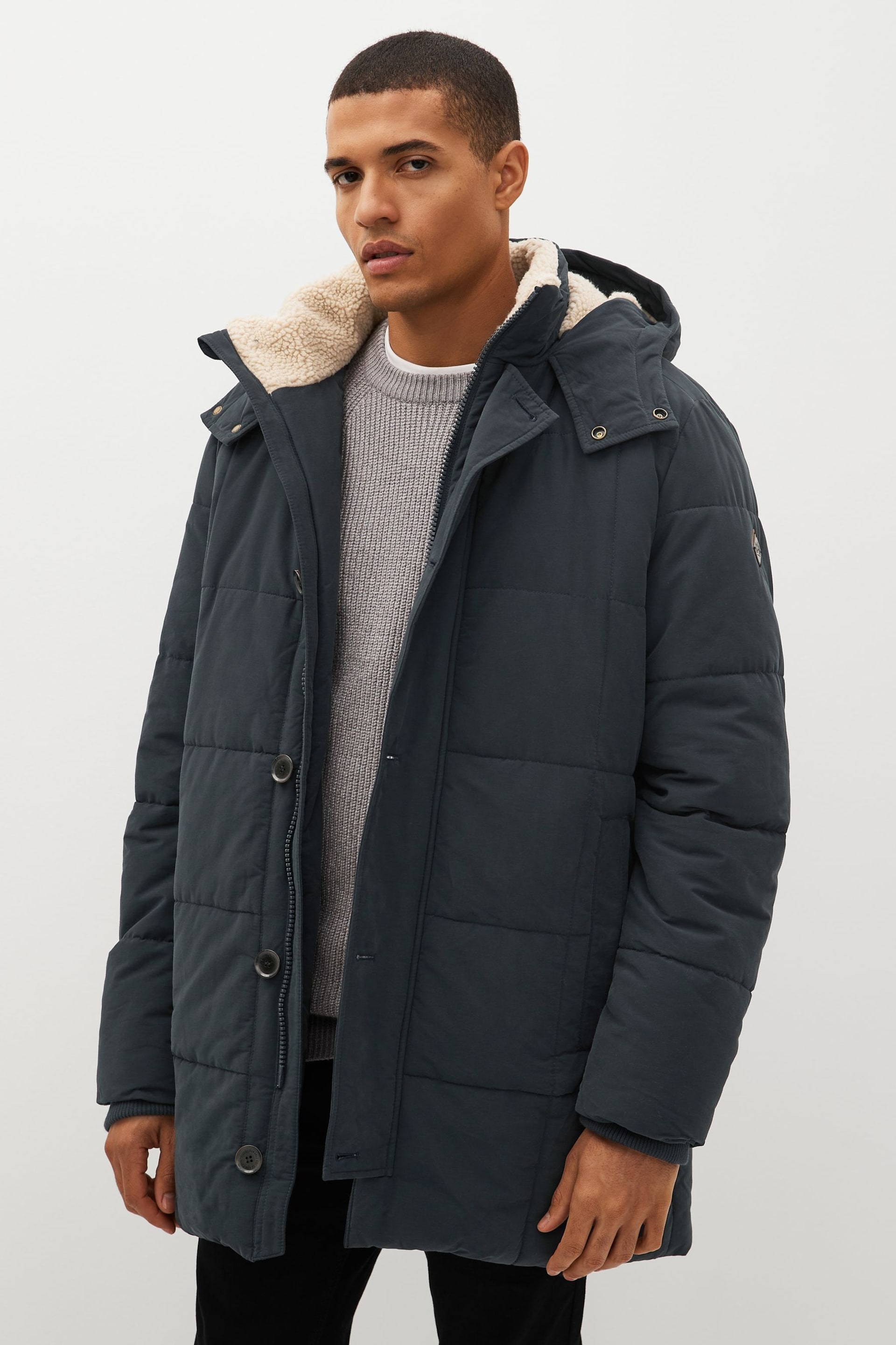 Navy Blue Square Quilted Parka Coat - Image 1 of 14