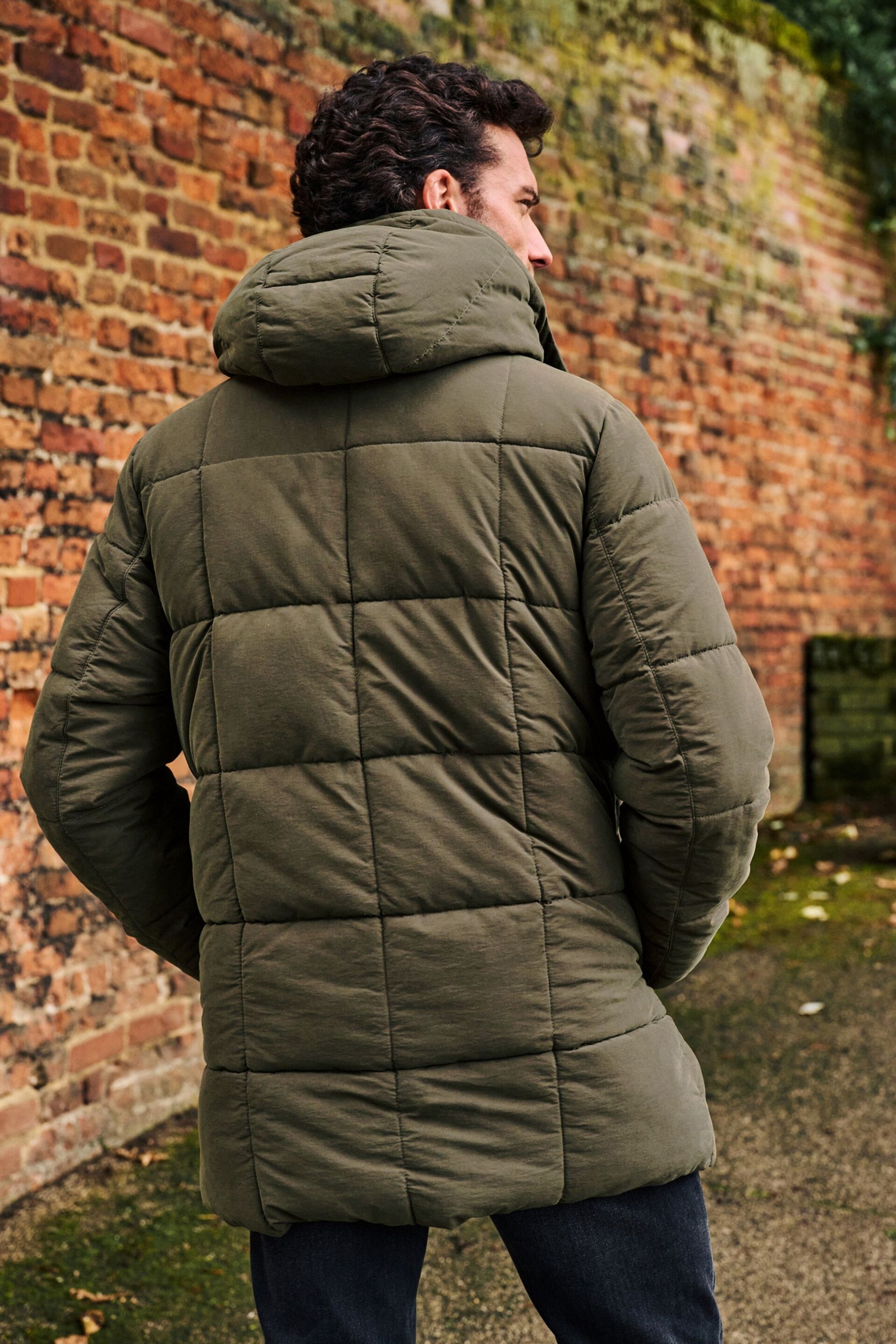 Khaki Green Square Quilted Parka Coat - Image 3 of 12