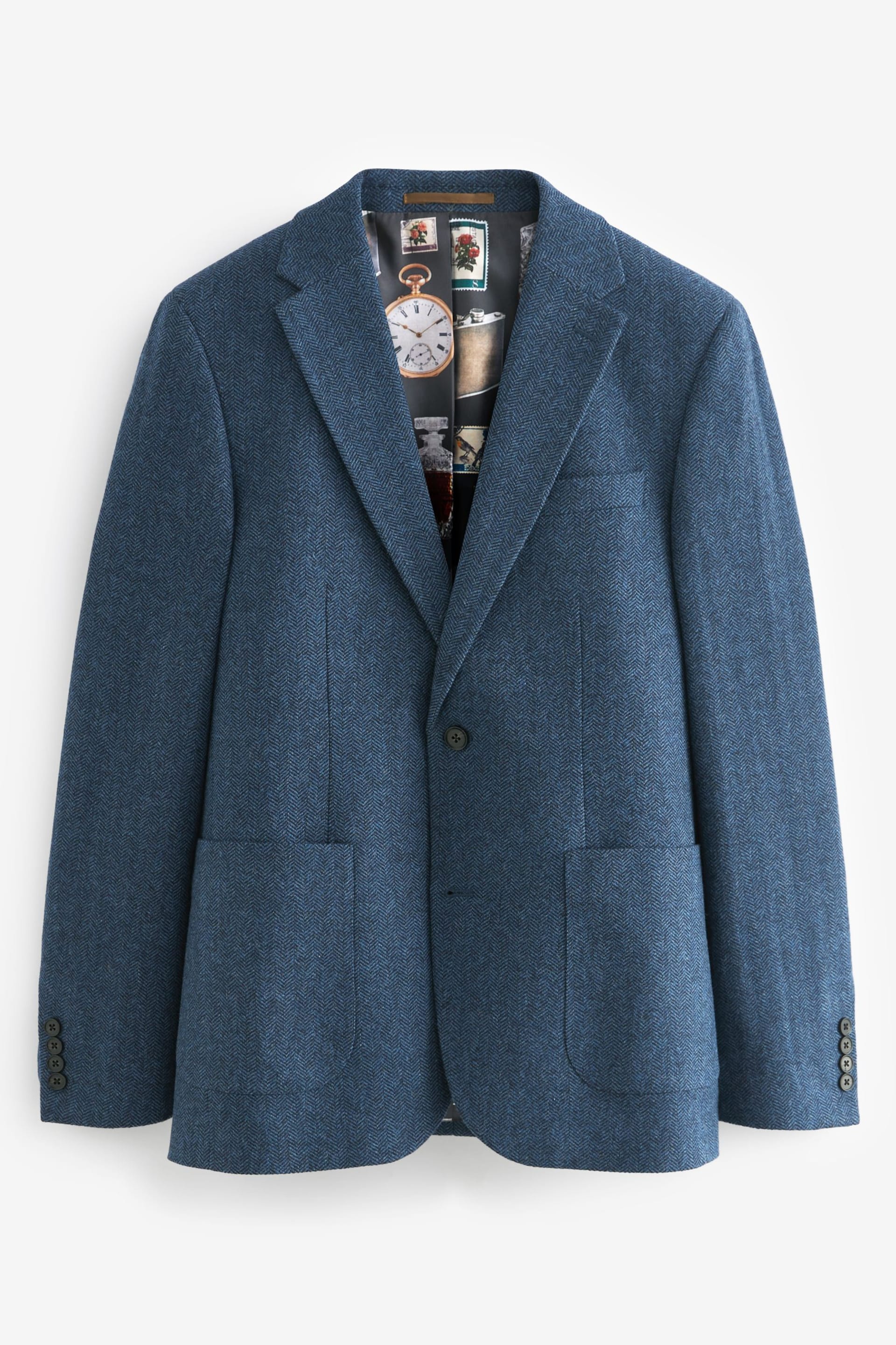 Bright Blue Slim Fit Nova Fides Wool Blend Herringbone Suit Jacket - Image 5 of 9