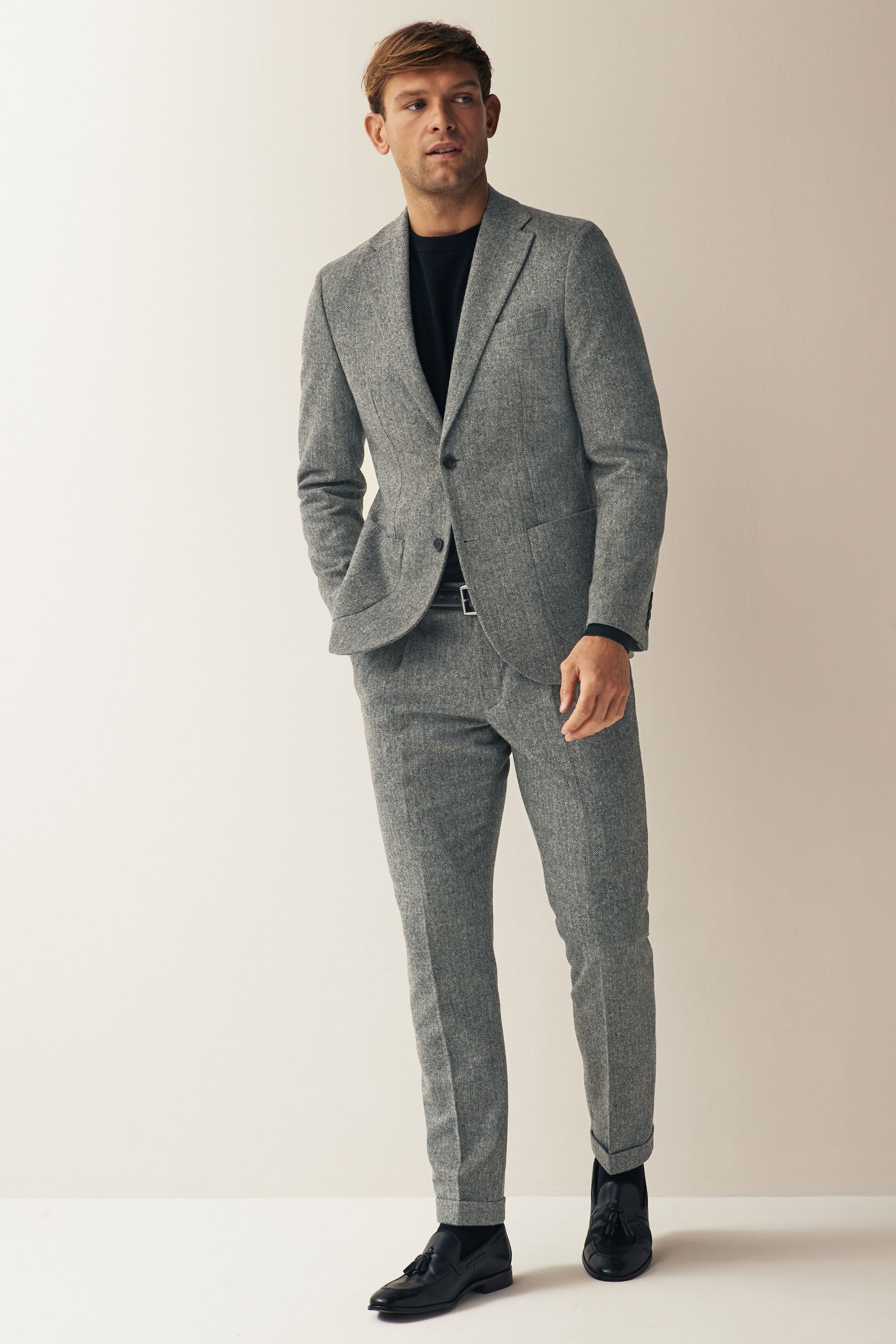 Grey Slim Fit Nova Fides Wool Blend Herringbone Suit Jacket - Image 2 of 12