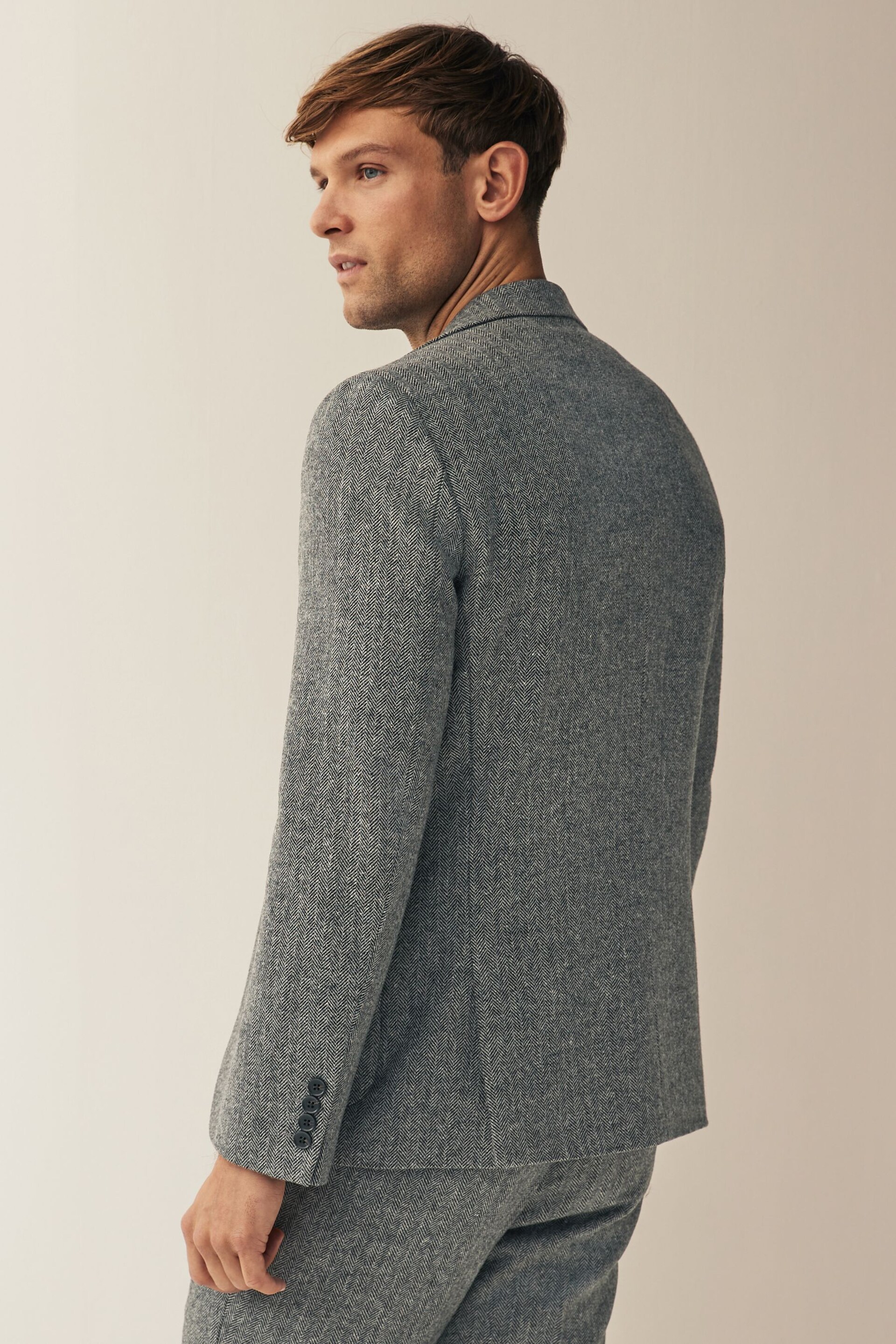 Grey Slim Fit Nova Fides Wool Blend Herringbone Suit Jacket - Image 3 of 12