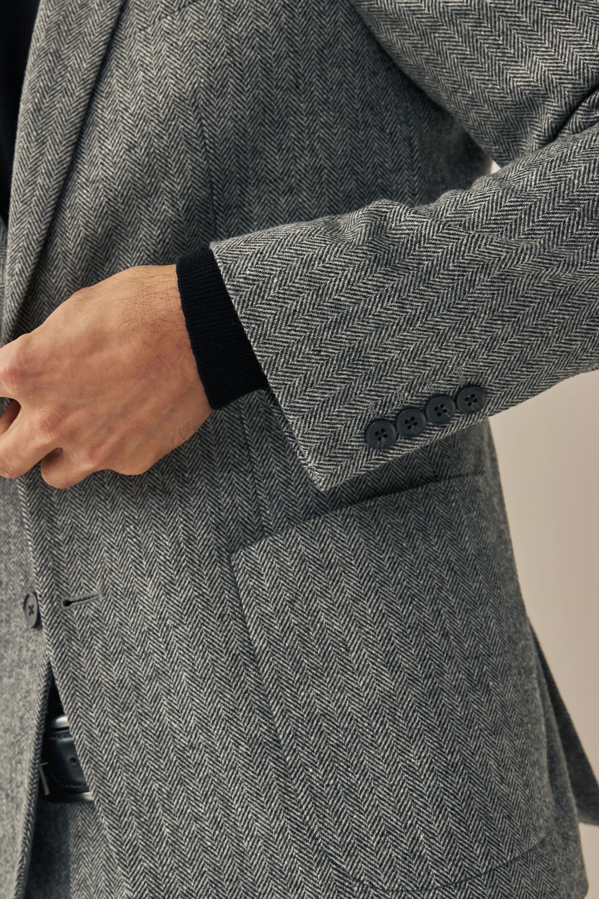 Grey Slim Fit Nova Fides Wool Blend Herringbone Suit Jacket - Image 5 of 12
