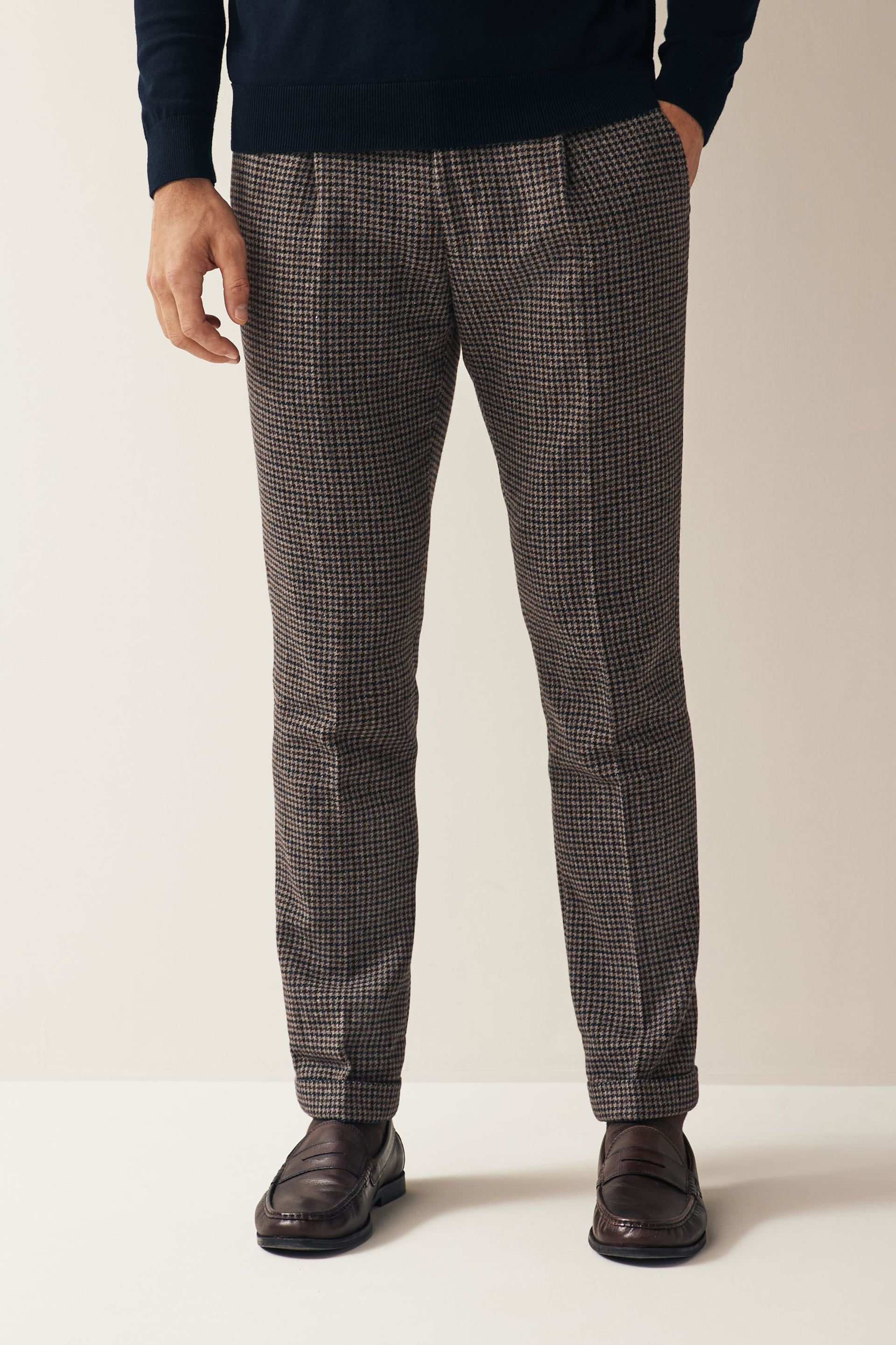 Brown Slim Wool Blend Puppytooth Suit Trousers - Image 1 of 9