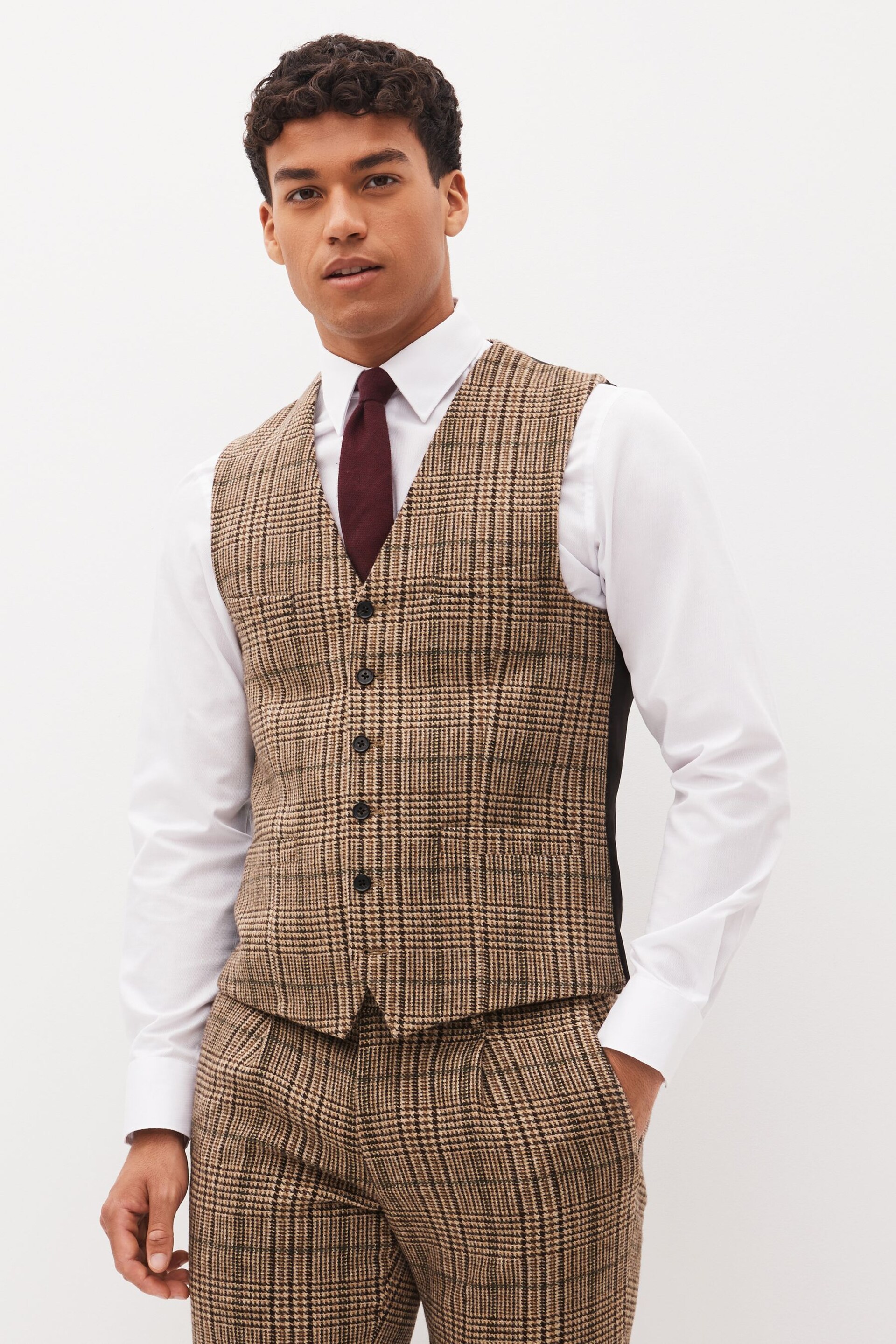 Brown Slim Wool Content Check Suit Waistcoat - Image 1 of 10