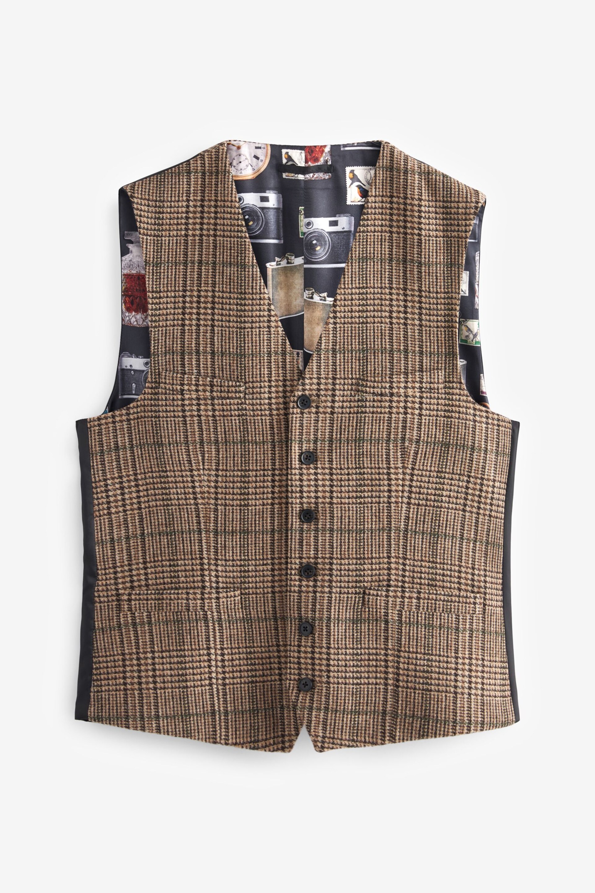 Brown Slim Wool Content Check Suit Waistcoat - Image 4 of 10