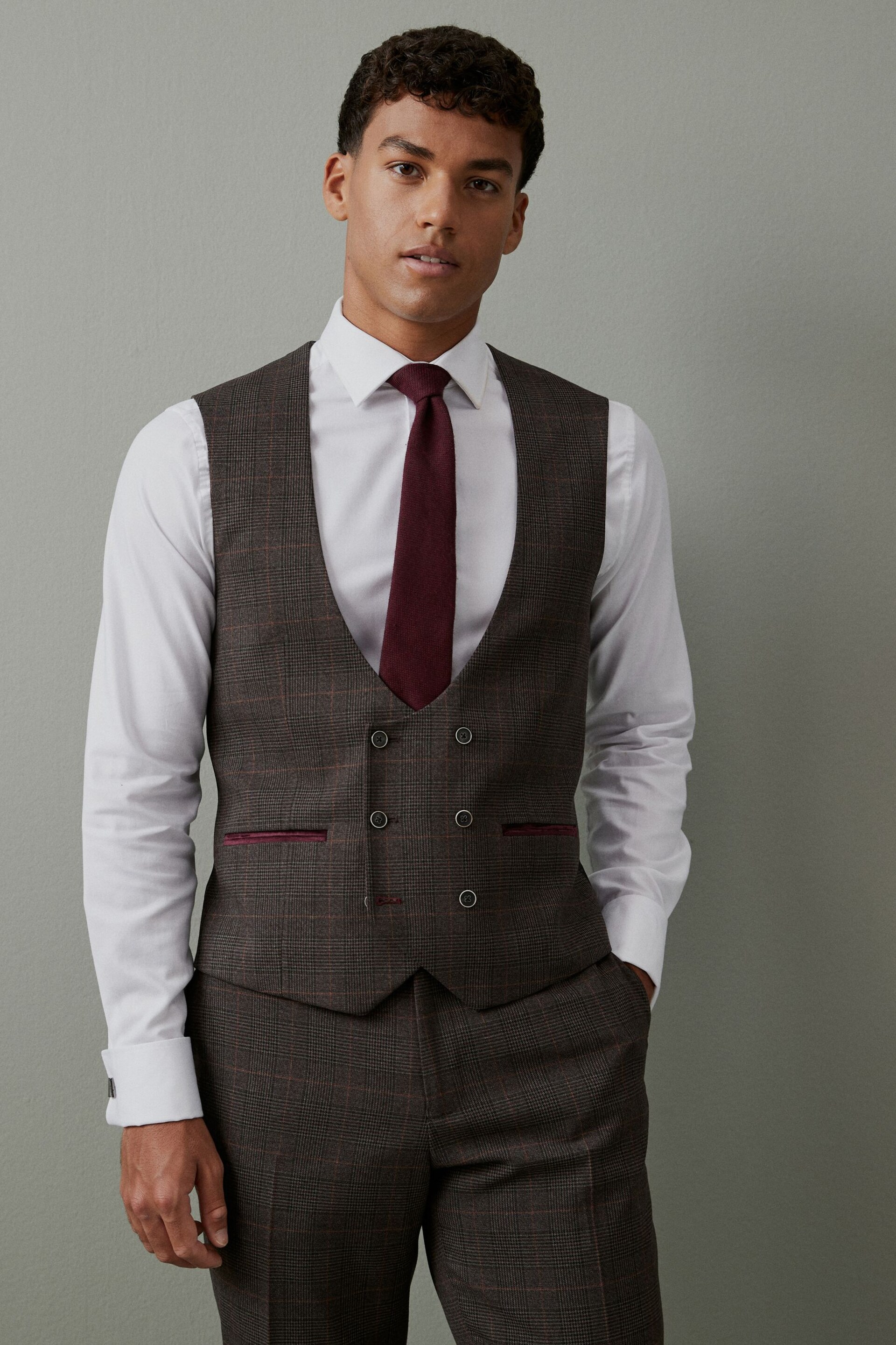 Brown Slim Trimmed Check Suit: Waistcoat - Image 1 of 12