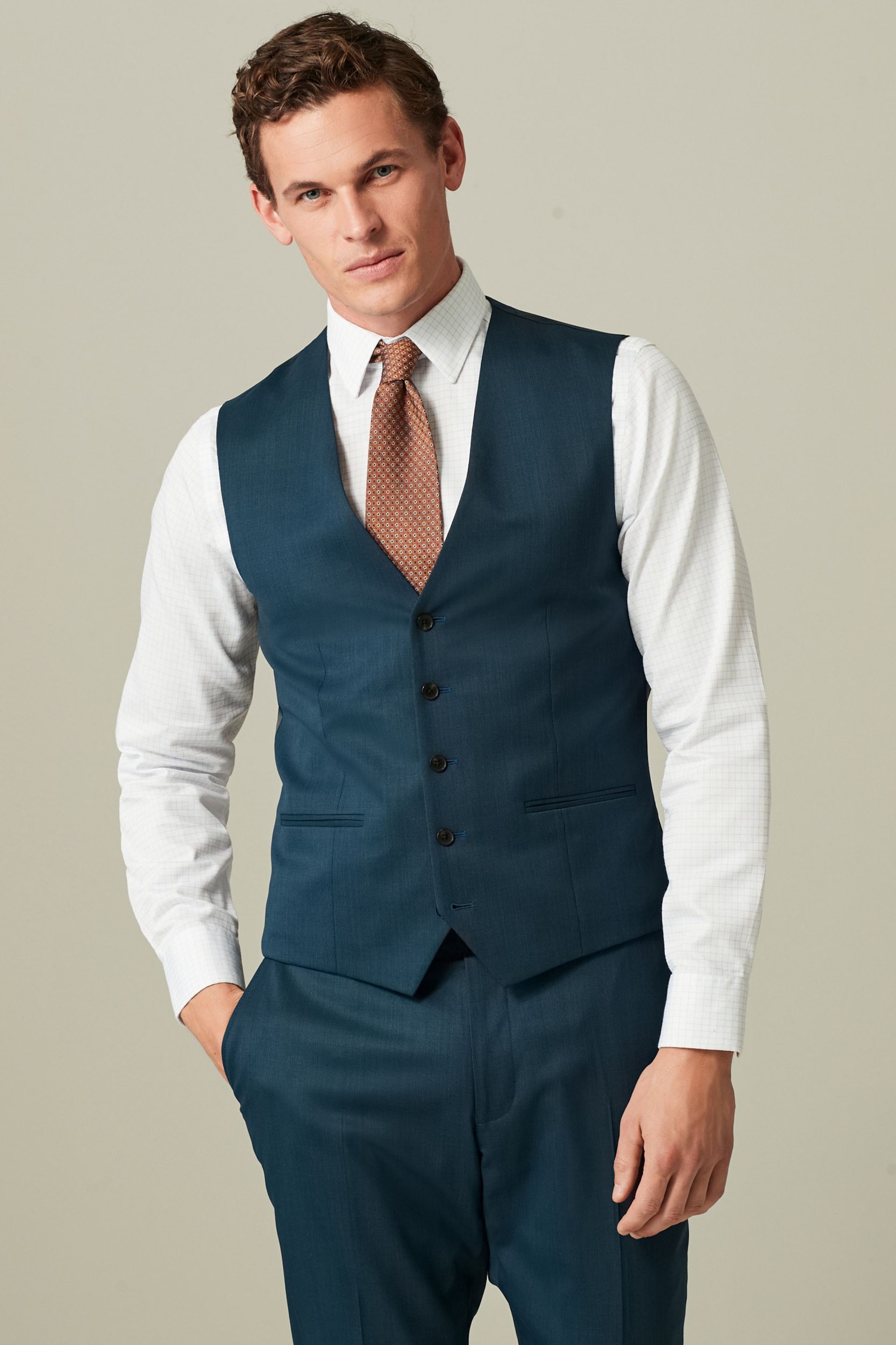 Teal Blue Wool Blend Suit Waistcoat - Image 1 of 10