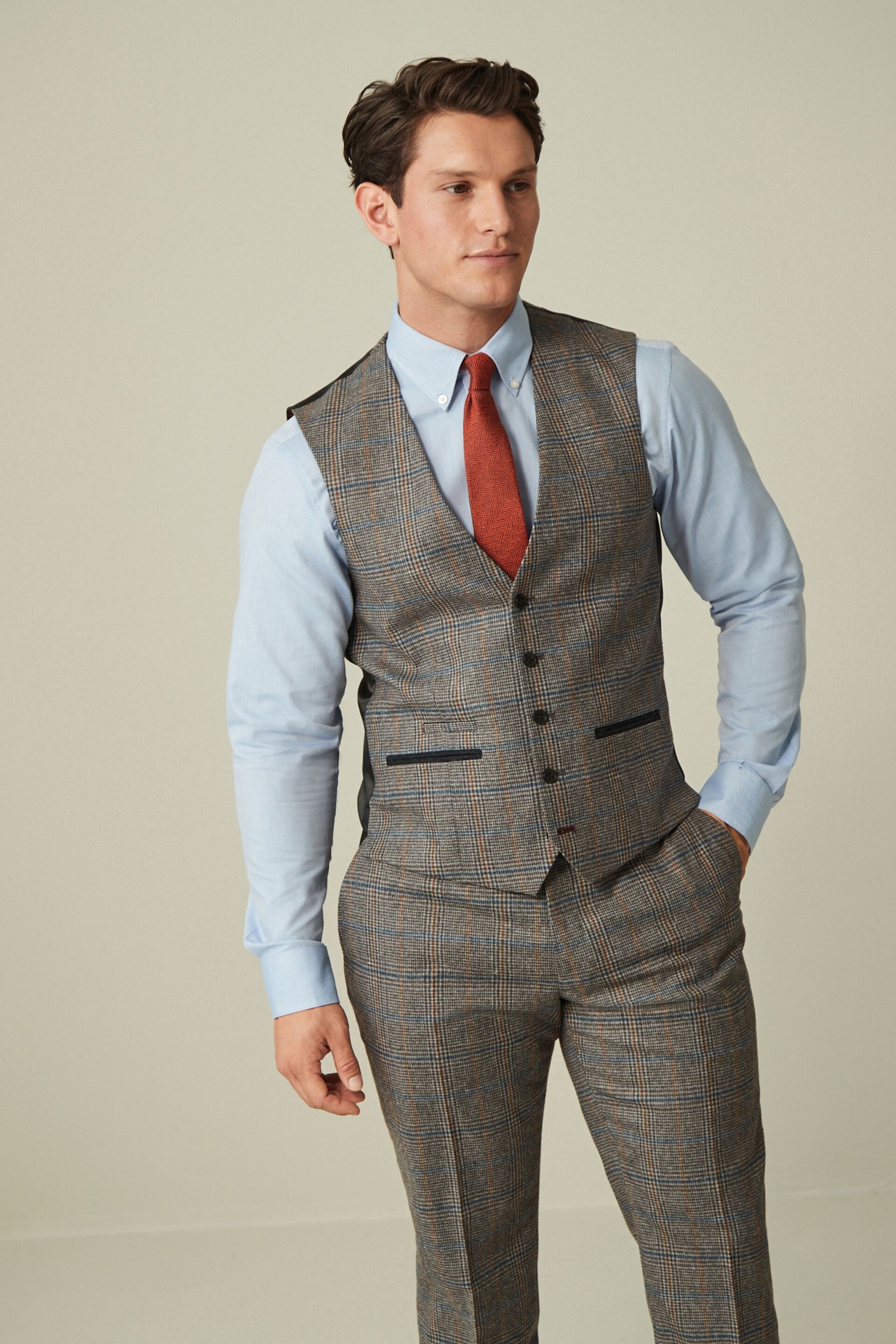 Grey Nova Fides Wool Blend Trimmed Check Suit Waistcoat - Image 1 of 11