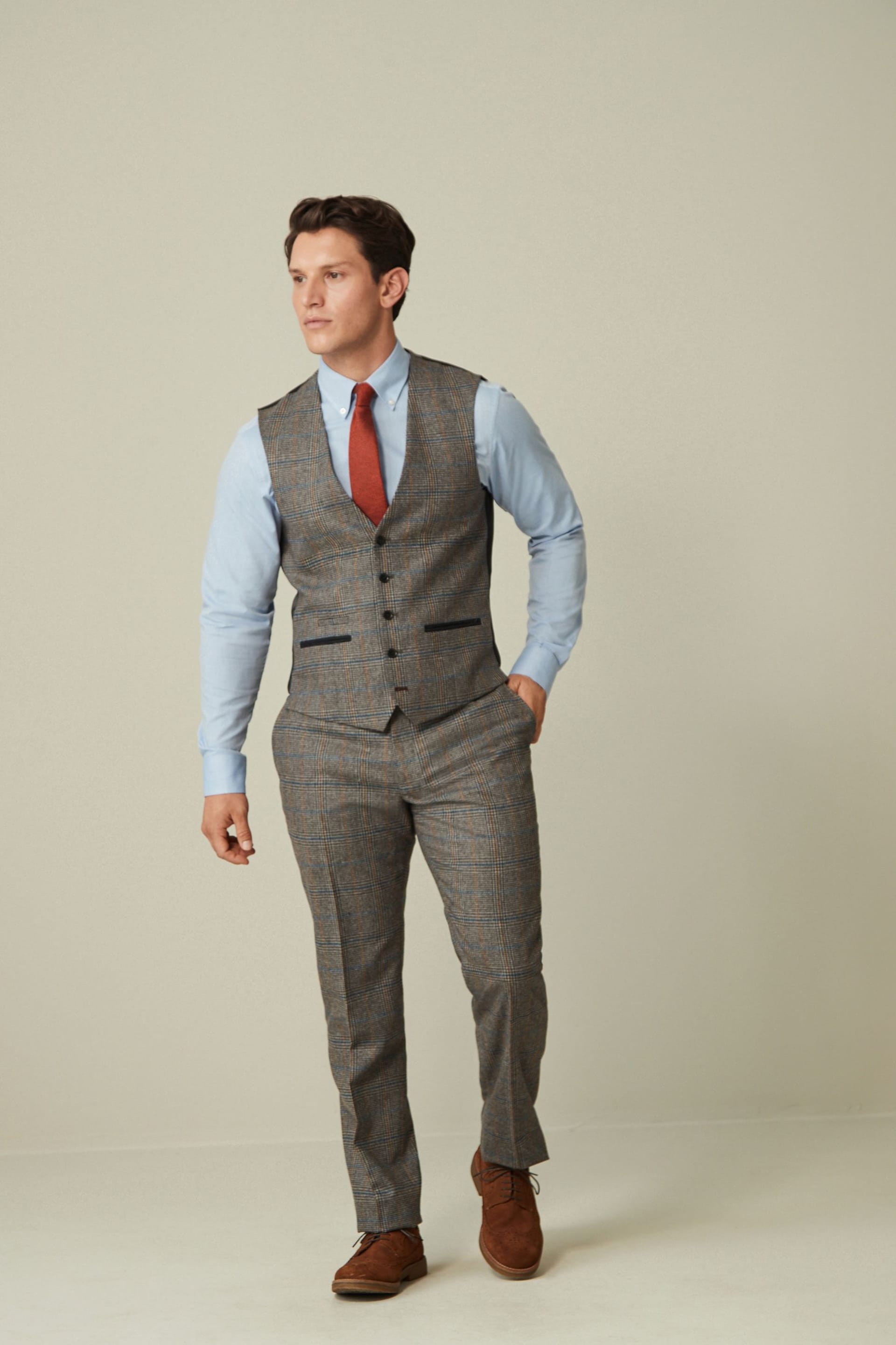 Grey Nova Fides Wool Blend Trimmed Check Suit Waistcoat - Image 2 of 11
