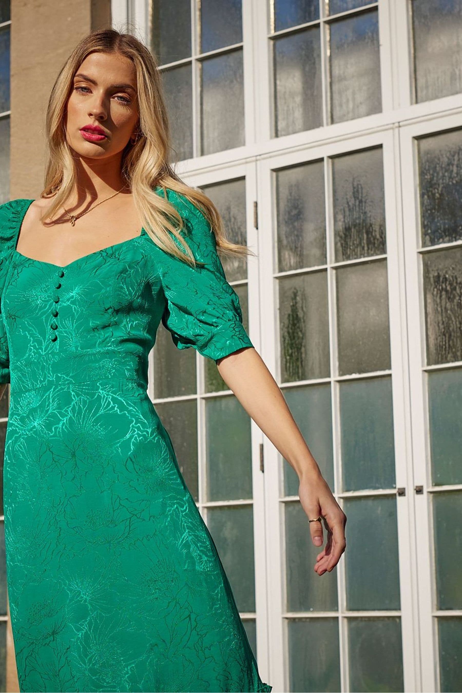 Buy Another Sunday Puff Sleeved Jacquard Midi Dress With Button Detail In Green from Next Luxembourg