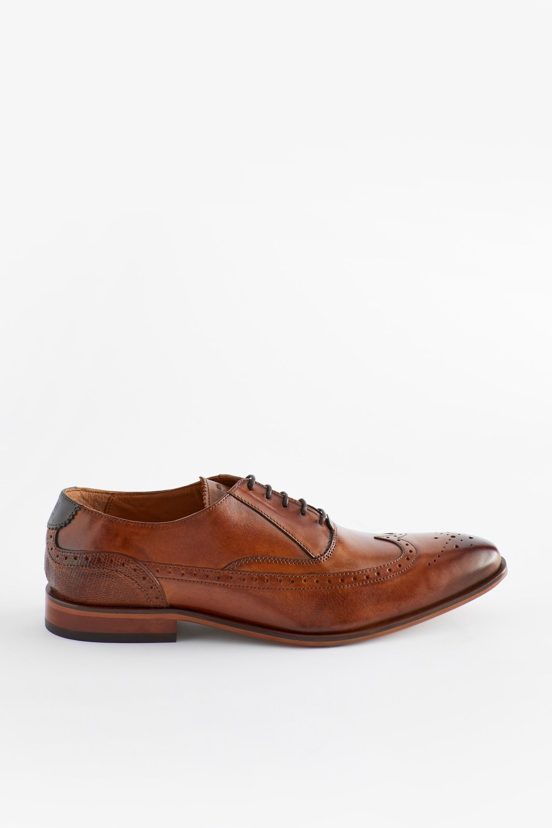Dark Tan Brown Leather Oxford Wing Cap Brogue Shoes - Image 3 of 8