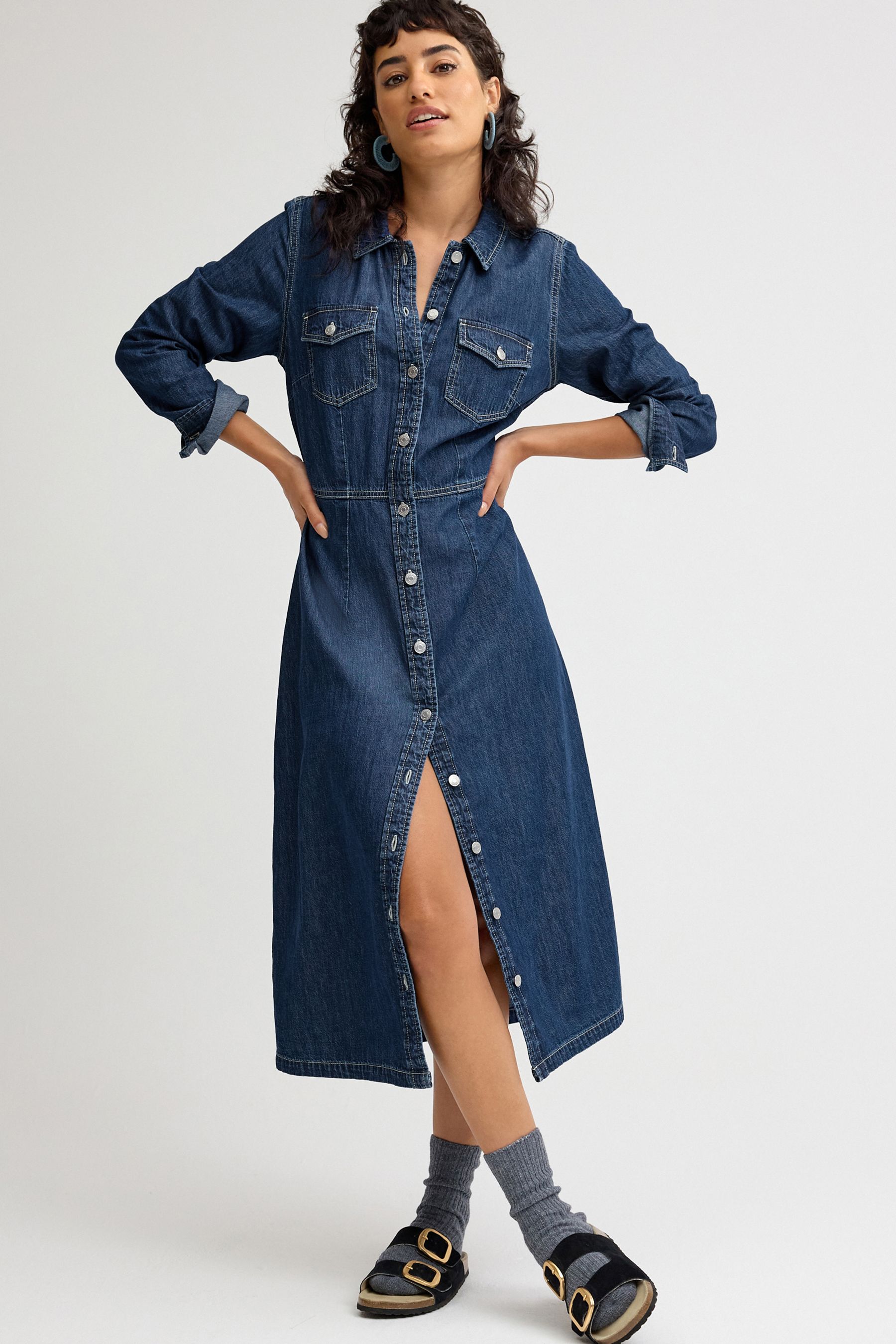 Denim midi shirt dress uk shop
