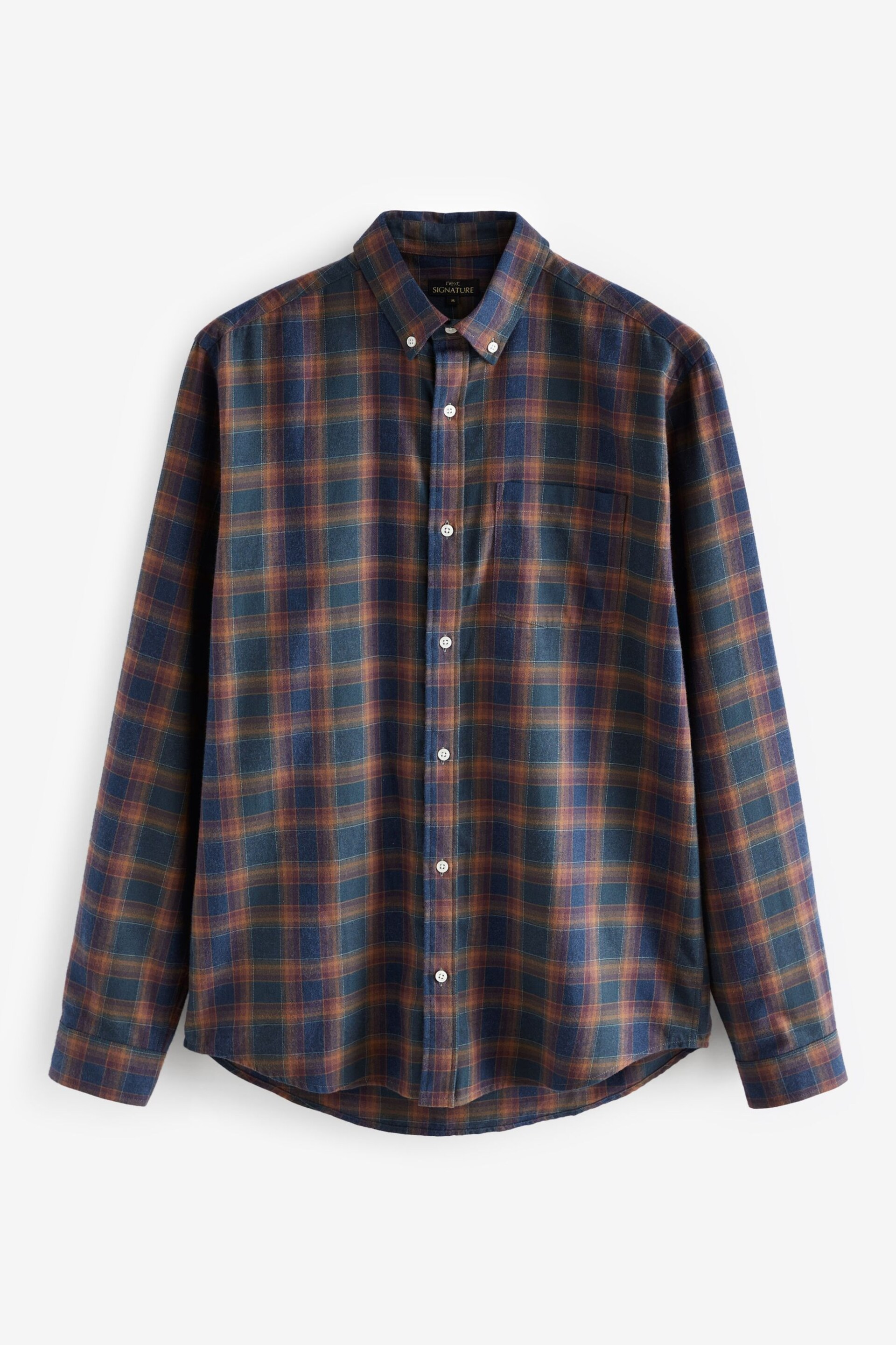 Navy Blue/Rust Brown Signature Brushed Flannel Check Shirt - Image 7 of 9