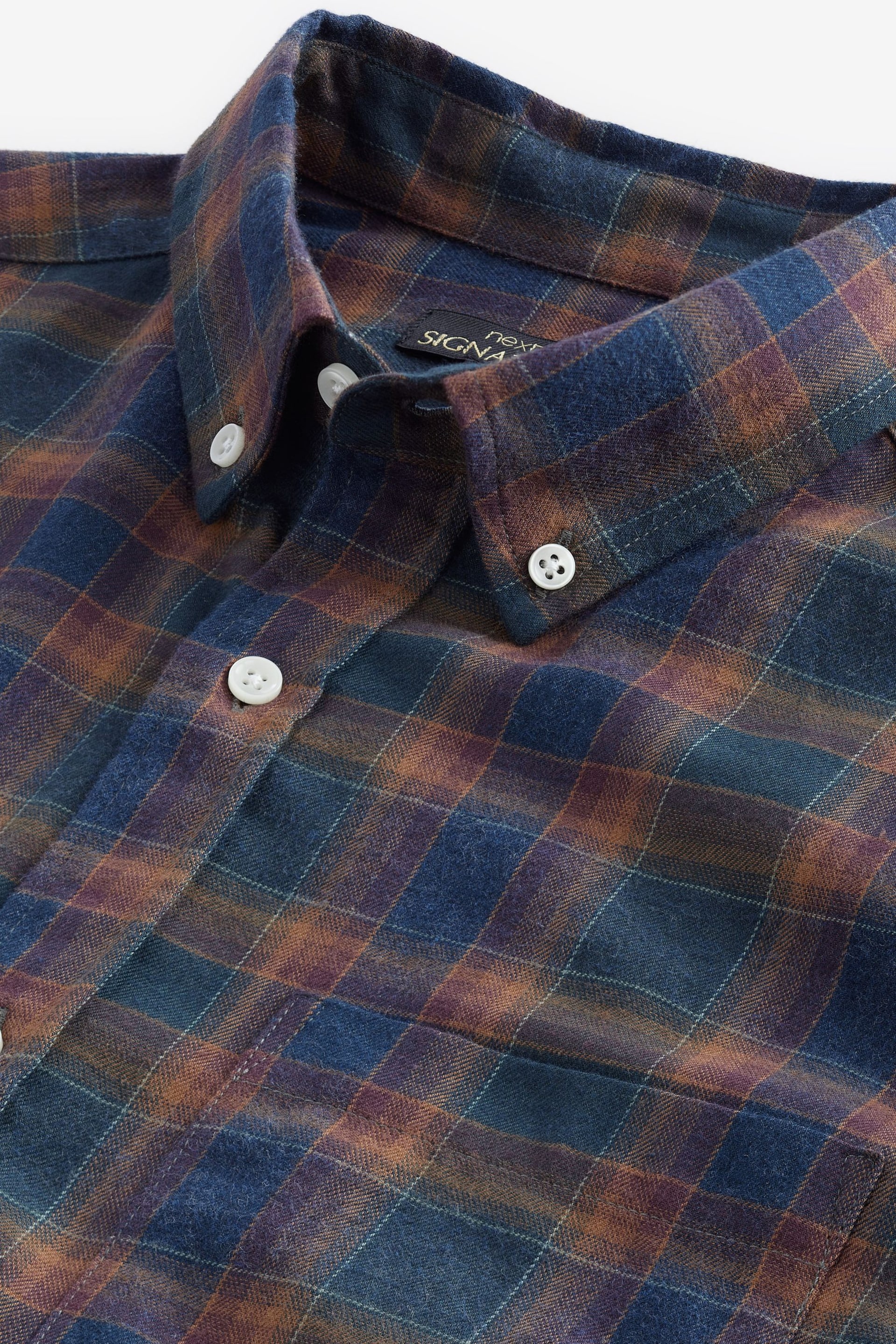 Navy Blue/Rust Brown Signature Brushed Flannel Check Shirt - Image 8 of 9