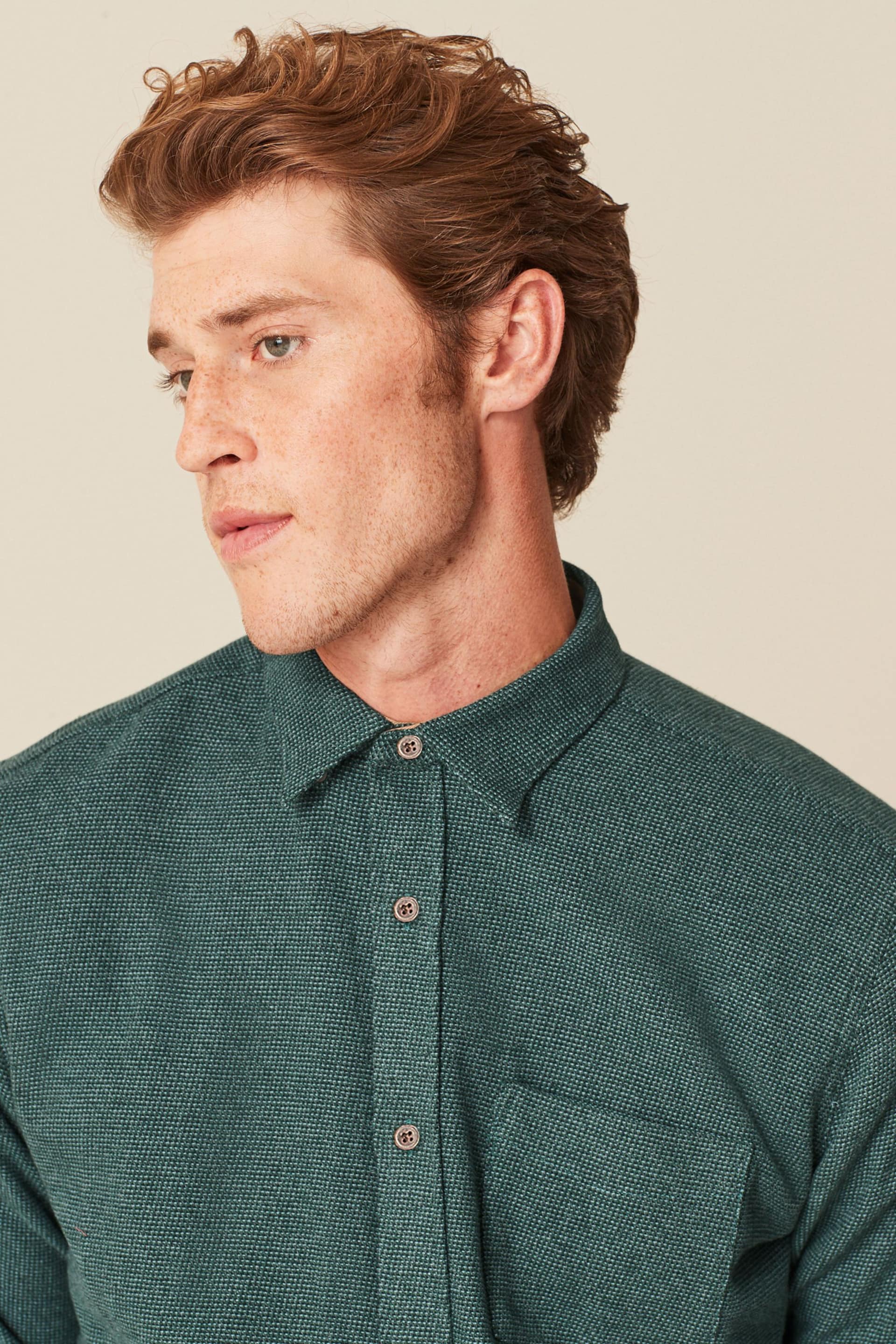 Green Brushed Texture 100% Cotton Long Sleeve Shirt - Image 4 of 9